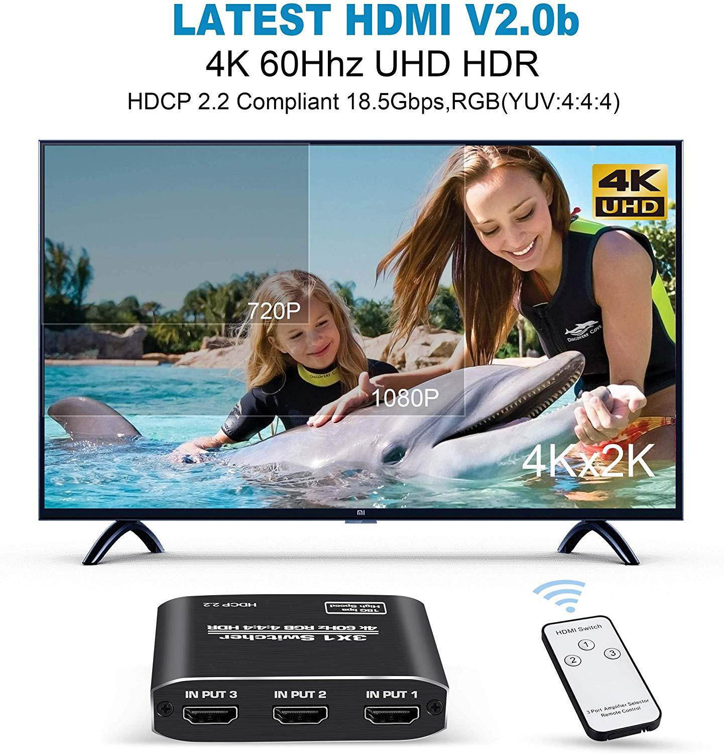 HDMI 2.0 Switch 3 Input 1 Output Switch HD 4Kx2K@60HZ HDR, 3D 1080P Remote/Manual switching for Xbox,PS4 Nintendo Switch/Wii,Beamer,DVB receiver,Blu-ray,DVD players,Apple TV,Roku Stick/Fire Stick,PC