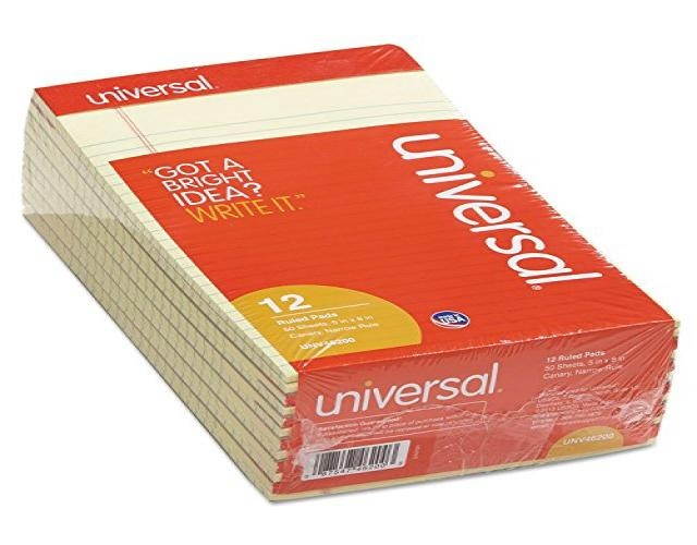 Universal 46200 Perforated Edge Writing Pad, Narrow Rule, 5 x 8, Canary, 50 Sheet, Dozen