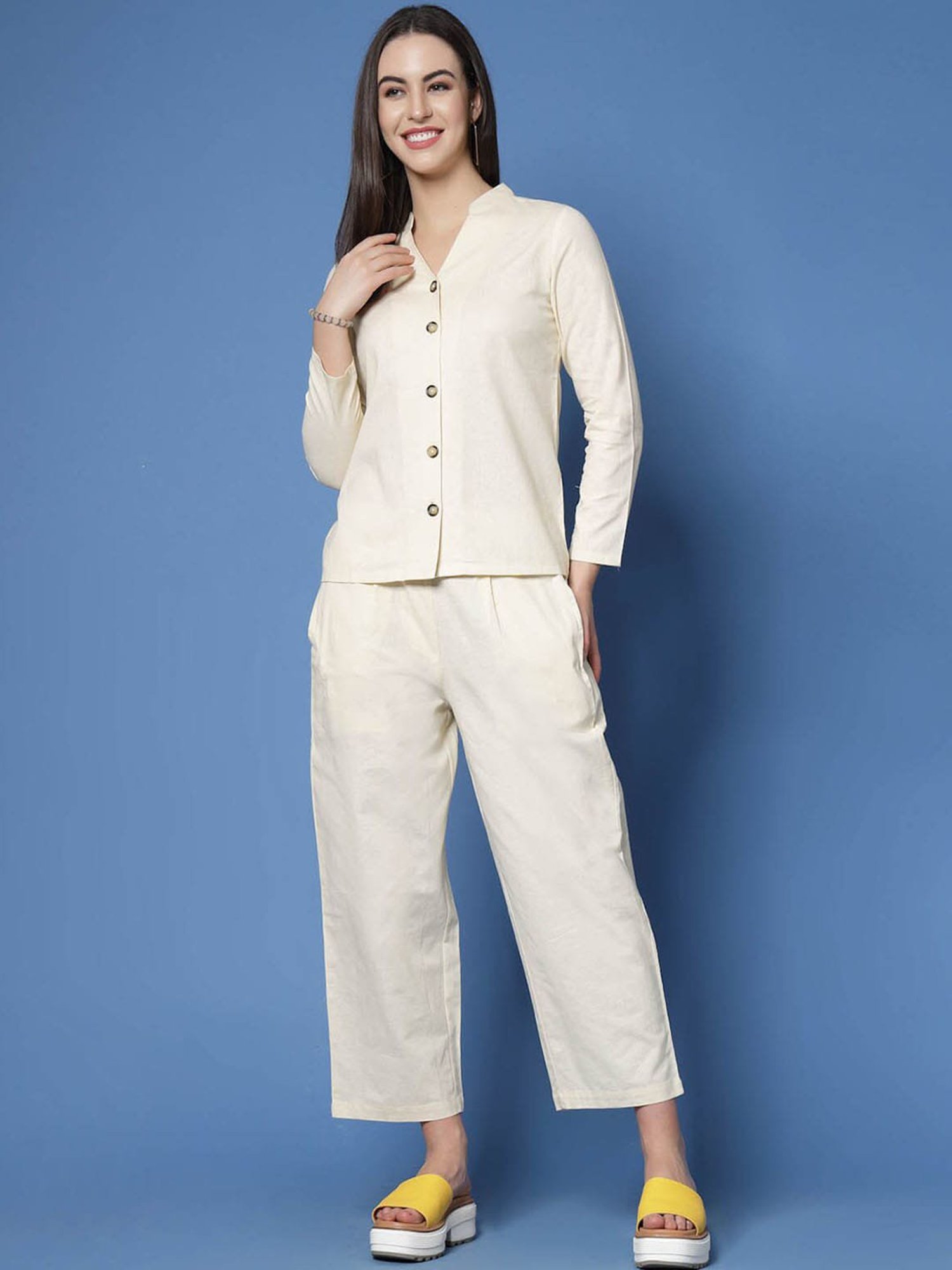 Melon by PlusS Cream Cotton Shirt With Trousers