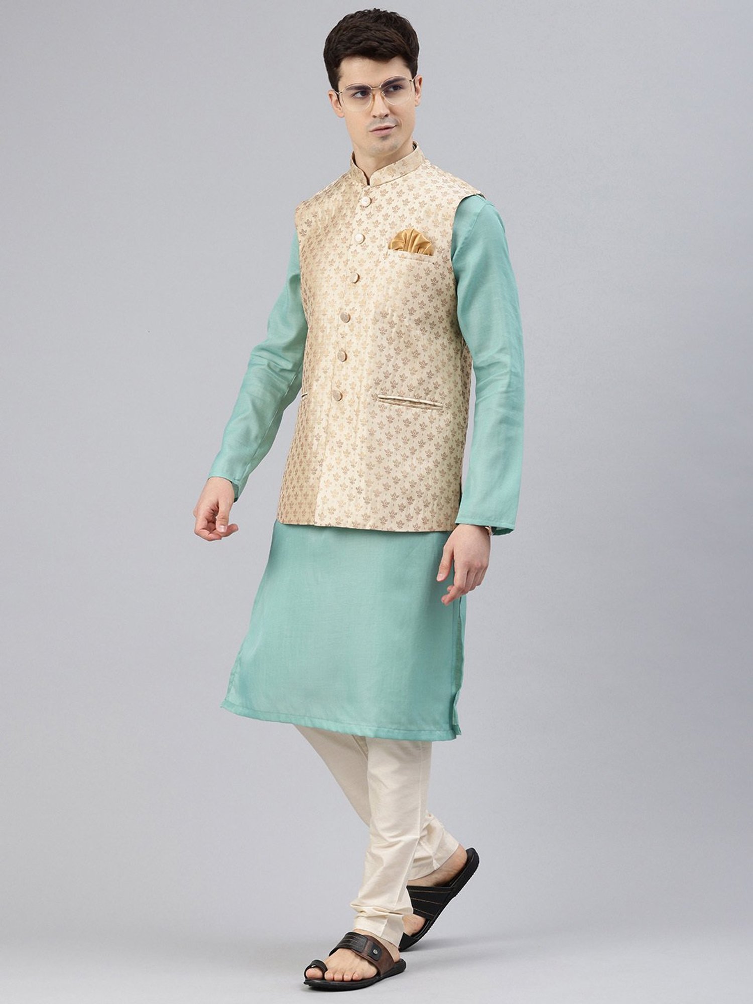 Manthan Beige Regular Fit Self Design Nehru Jacket