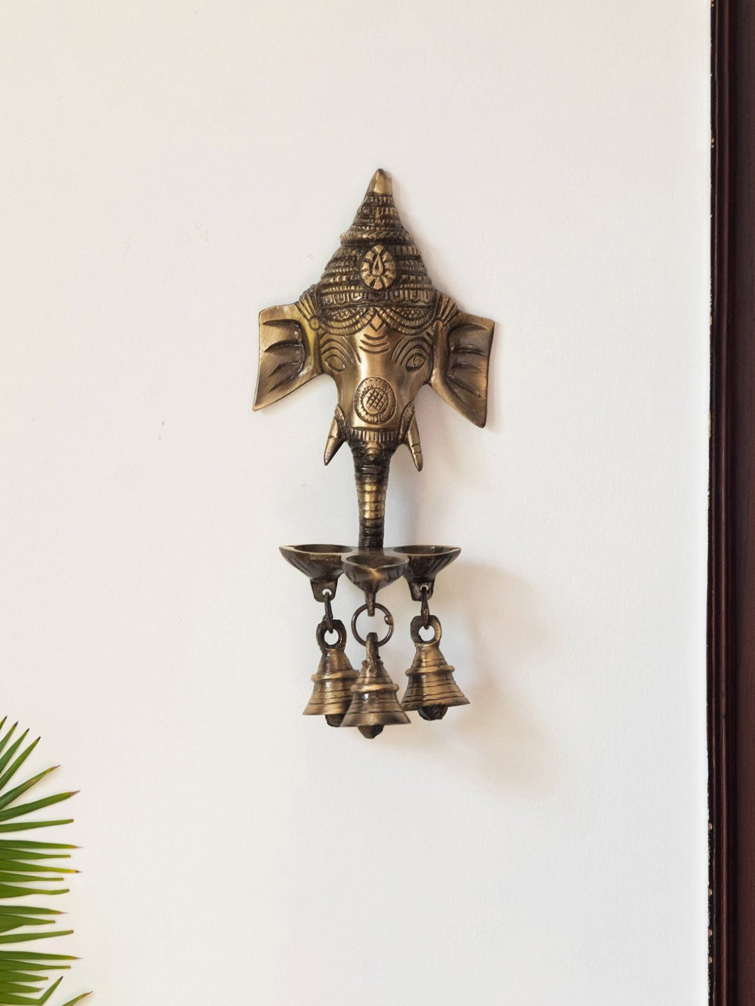 ExclusiveLane Gold Brass Gleeful Ganesha Hand-Etched Decorative Wall Hanging Diyas With Bells