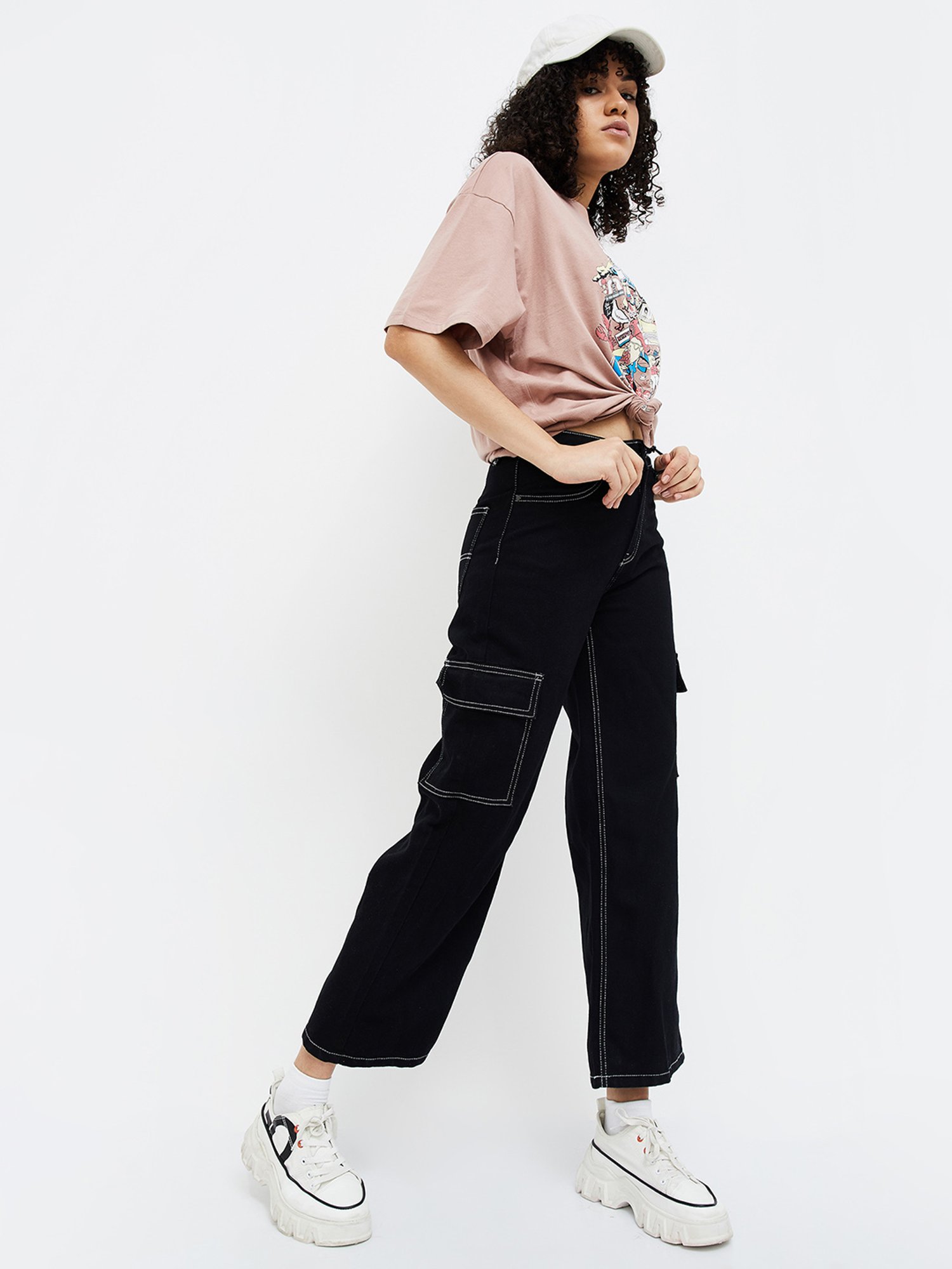 Ginger by Lifestyle Black Cotton Regular Fit Mid Rise Cargo Jeans