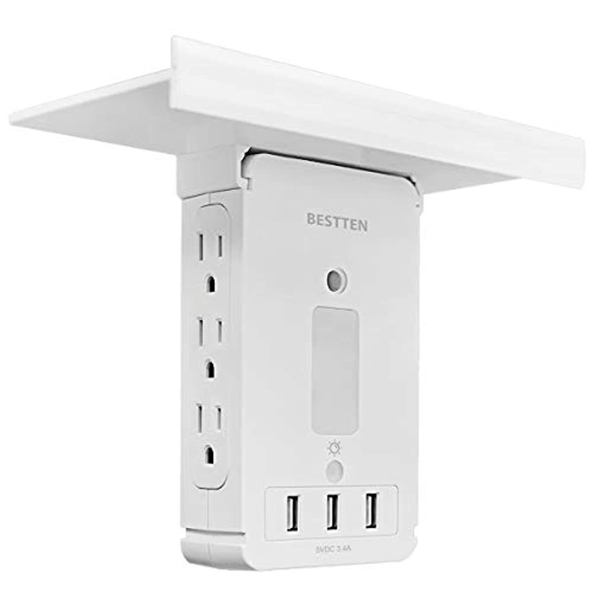 BESTTEN Surge Protector USB Wall Outlet with Shelf, 3 USB Charging Ports (5V/3.4A), 6 Side Outlet, LED Night Light, 1020 Joule Surge Rating and Removable Top Shelf, FCC and SGS Certified