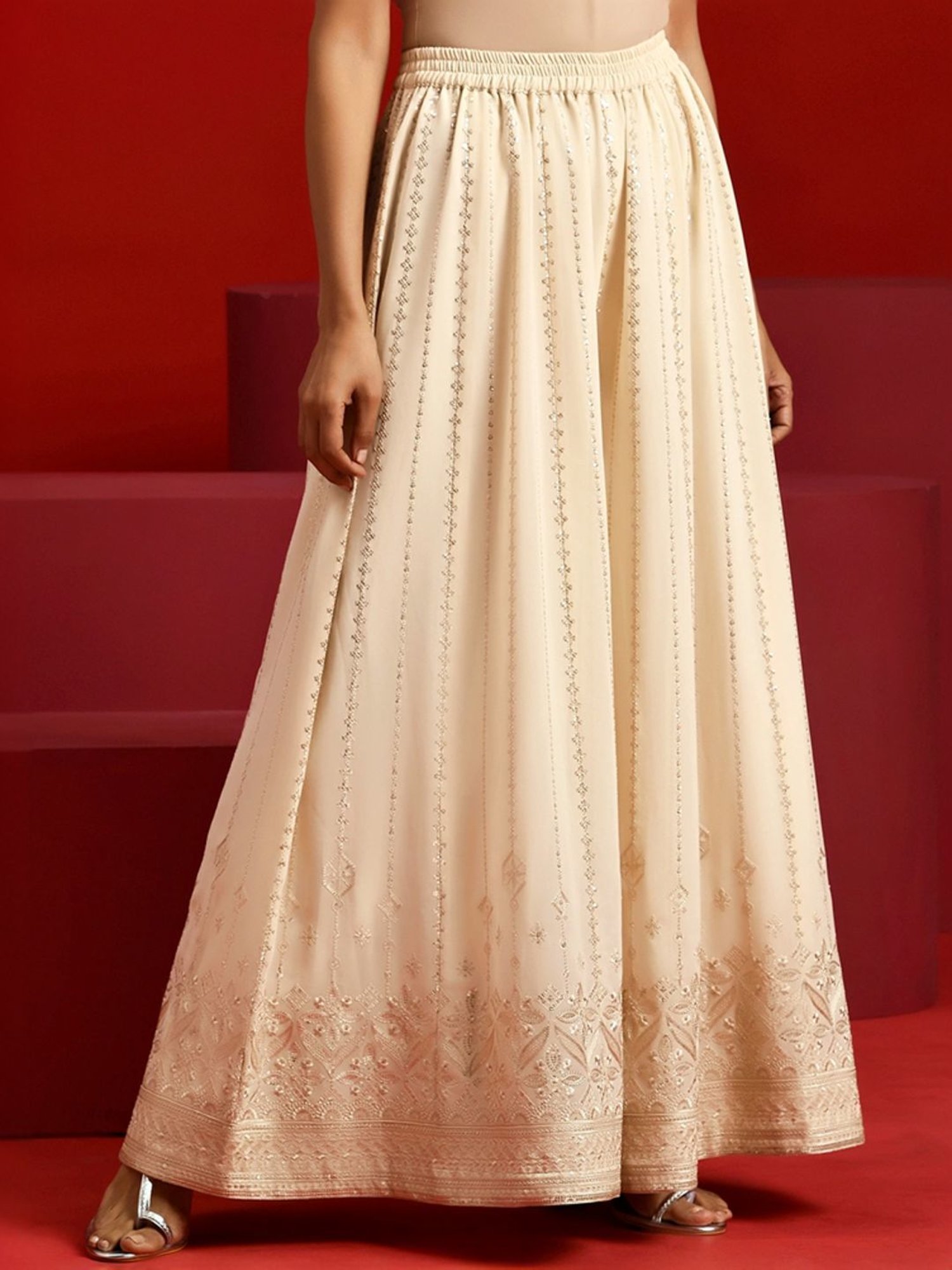 Libas Art Beige Embroidered Kurti Palazzo Set With Dupatta