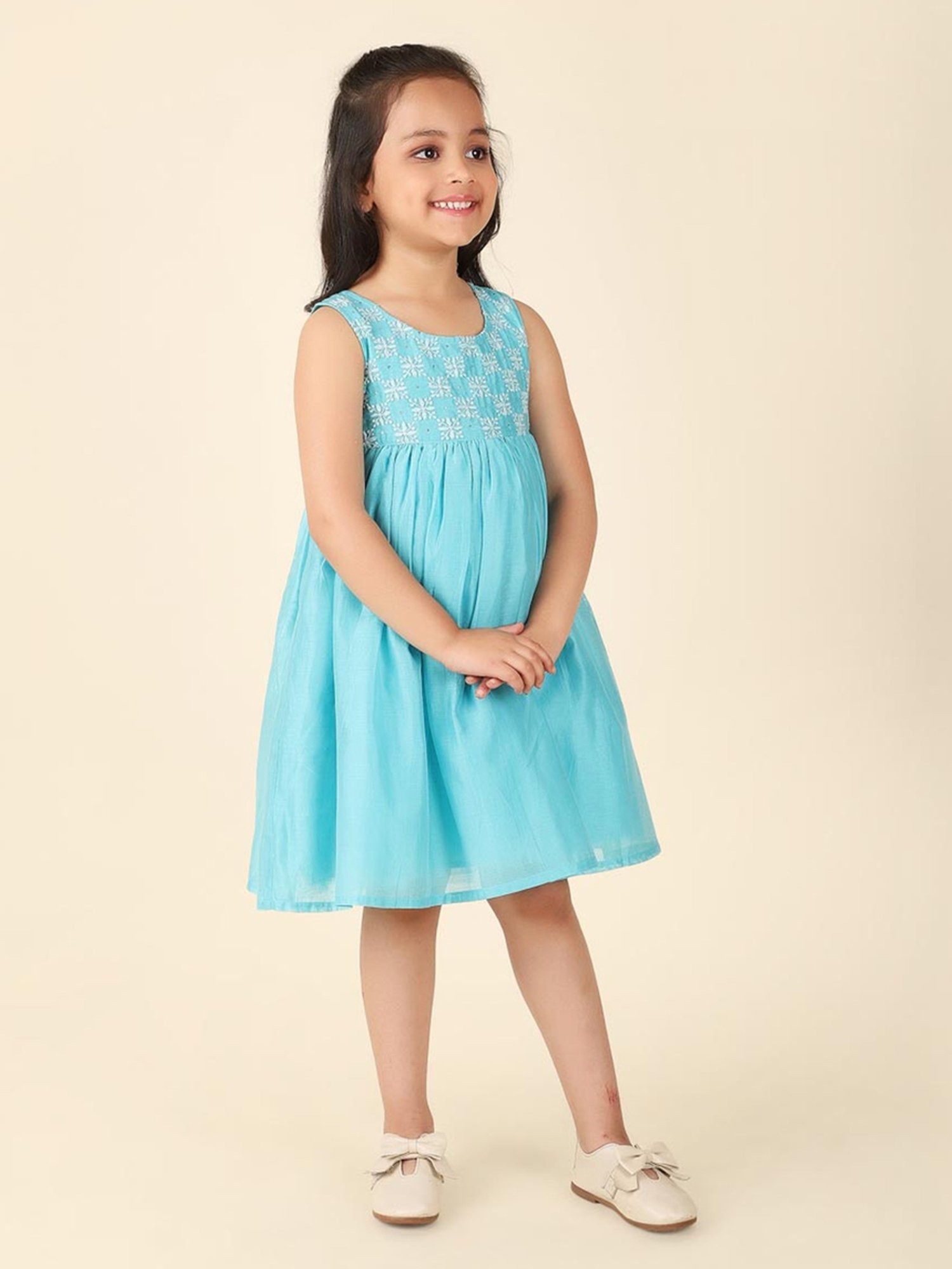 Fabindia Kids Blue Embroidered Dress