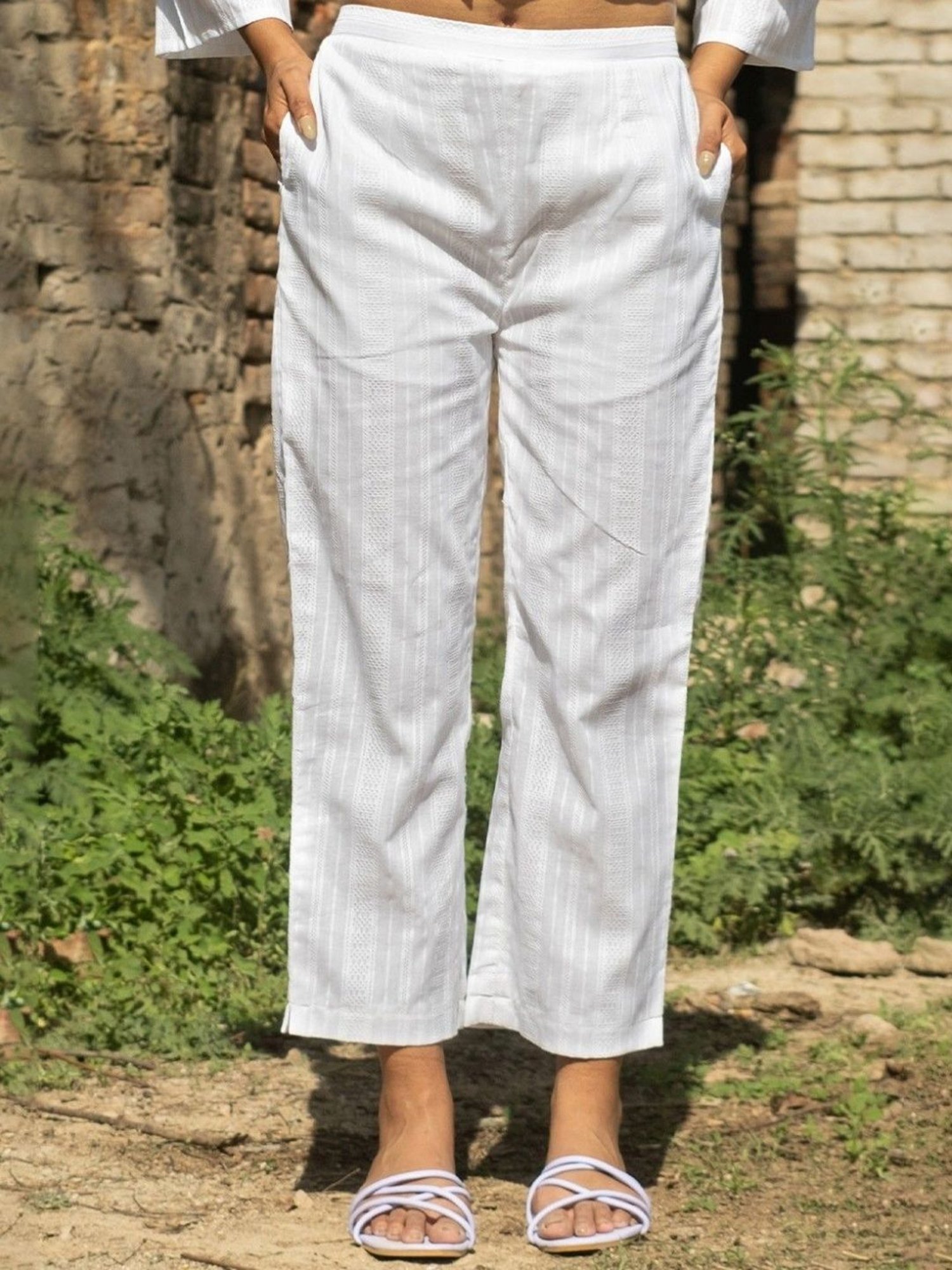 Akiso Kora Striped White Cotton Straight Pants