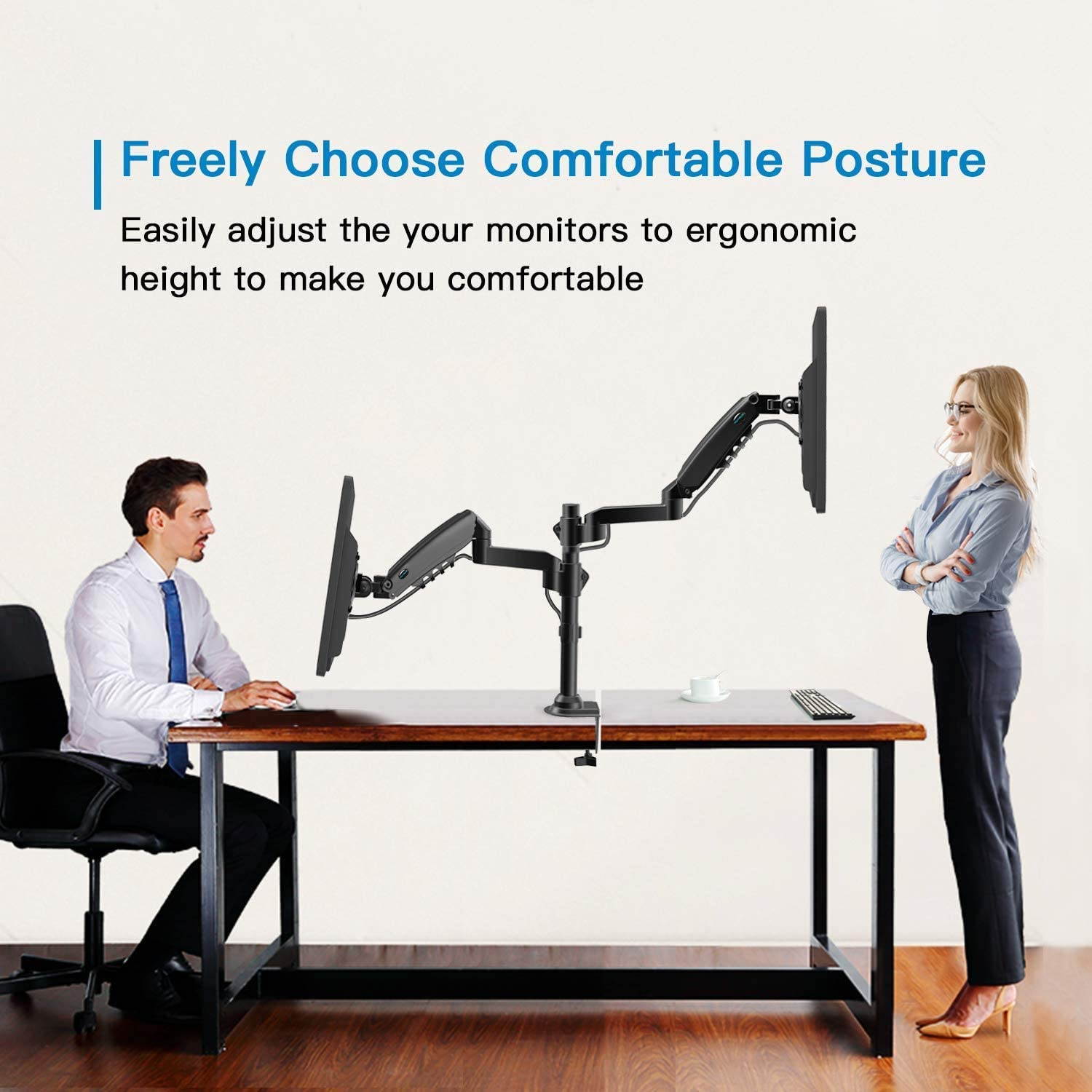 Dual Monitor Stand - Height Adjustable Gas Spring Double Arm Monitor Mount Desk Stand Fits Two 17 to 32 inch Screens with Clamp, Grommet Mounting Base, Each Arm Holds up to 19.8lbs