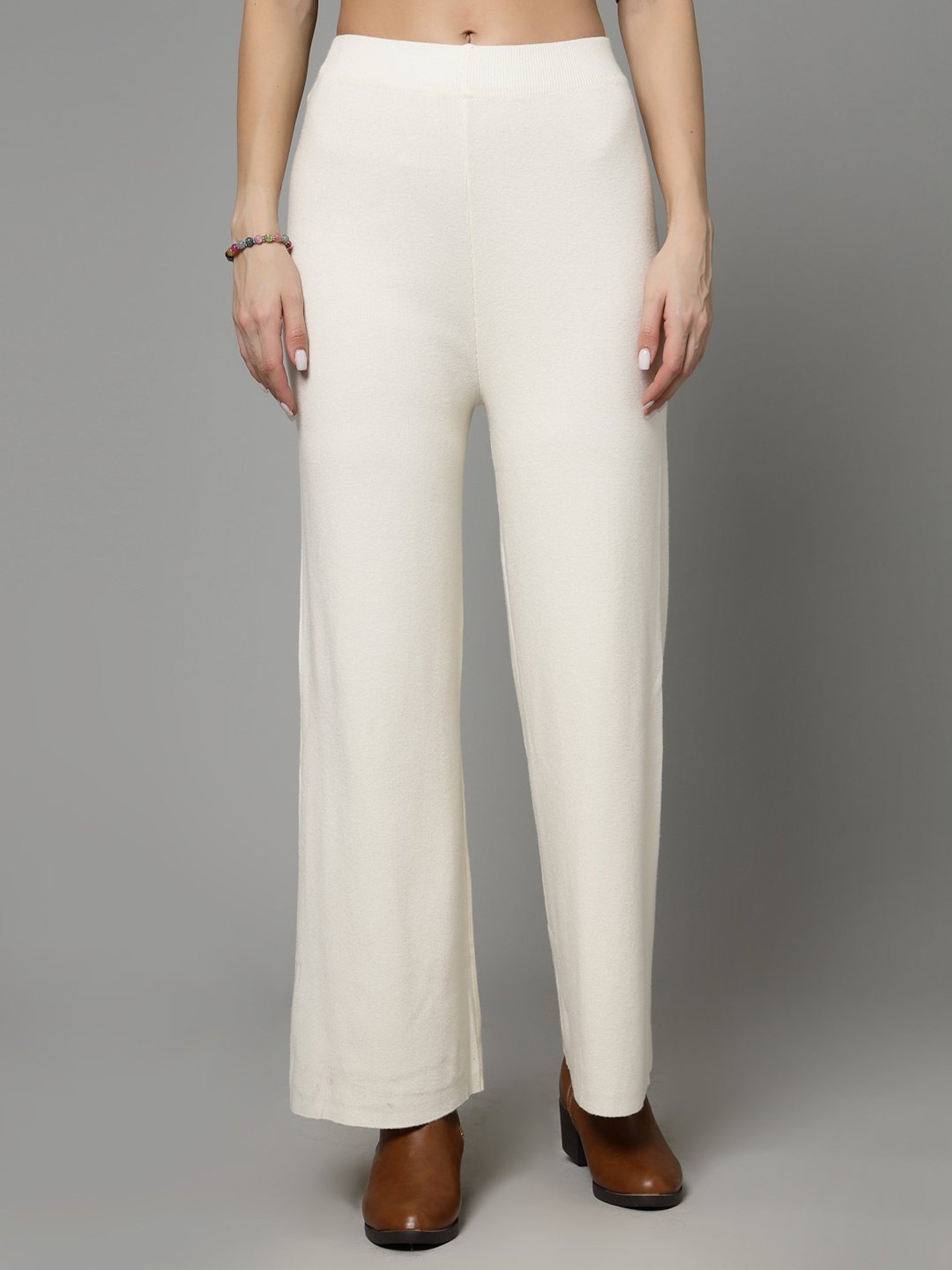 Mafadeny Off White Regular Fit Mid Rise Palazzos