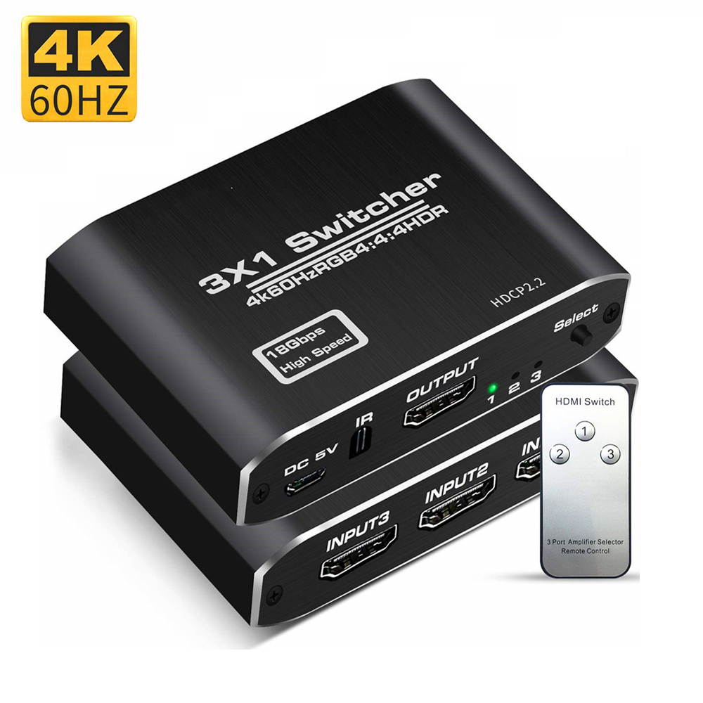 HDMI 2.0 Switch 3 Input 1 Output Switch HD 4Kx2K@60HZ HDR, 3D 1080P Remote/Manual switching for Xbox,PS4 Nintendo Switch/Wii,Beamer,DVB receiver,Blu-ray,DVD players,Apple TV,Roku Stick/Fire Stick,PC