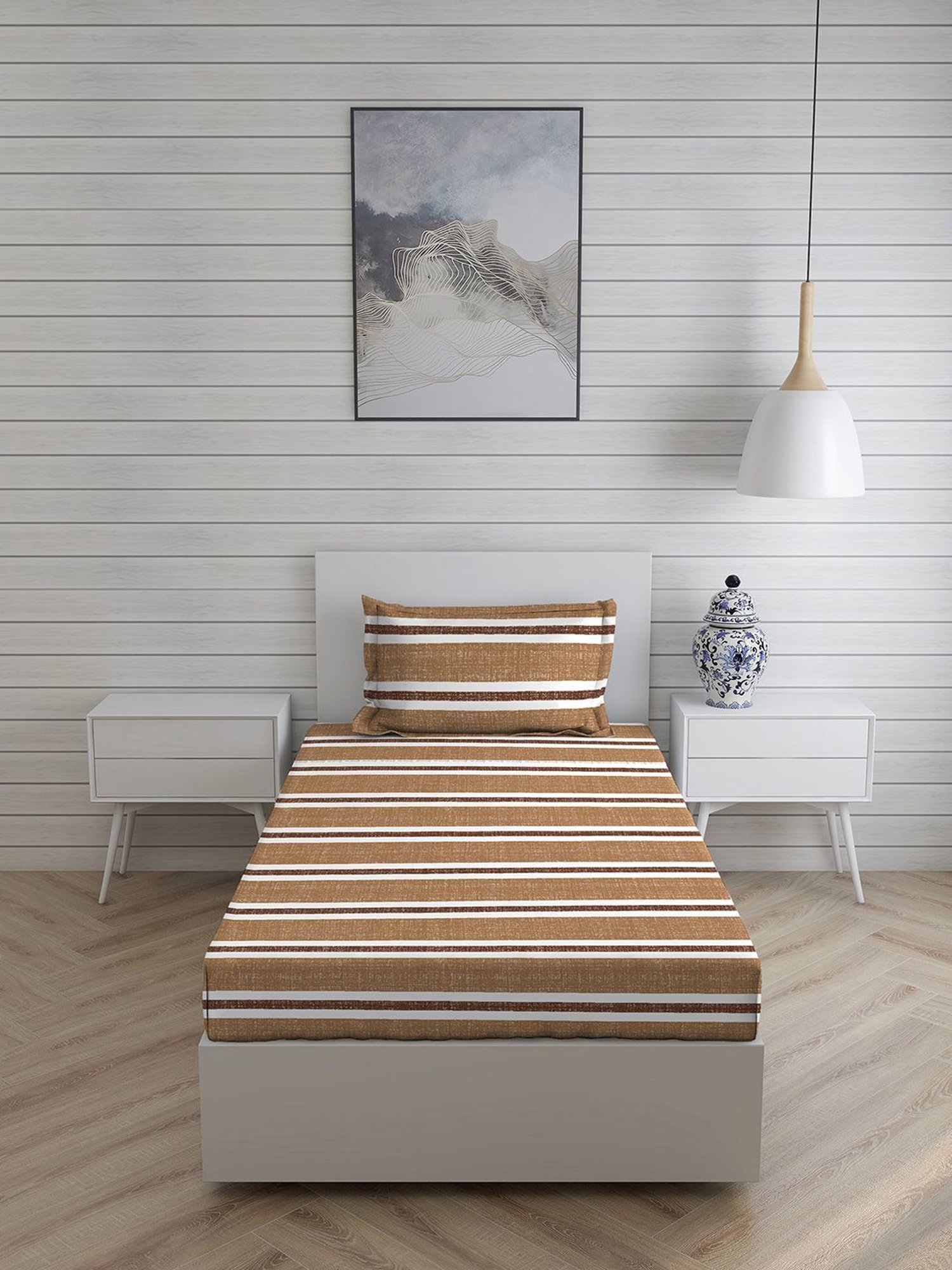 Boutique Living Wizard Stripes Brown 146 TC Cotton Single Bed Sheet with 1 Pillow Cover