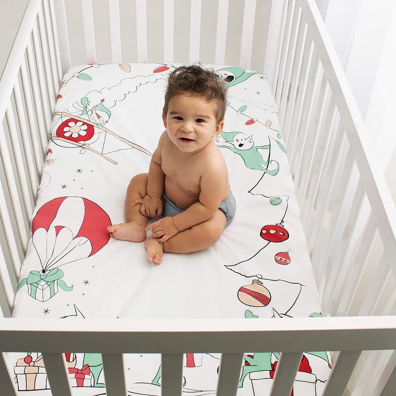 JumpOff Jo Fitted Crib Sheet, Cotton Crib Sheet for Standard Sized Crib Mattresses, Hypoallergenic and Breathable, 28" x 52", Christmas Mischief