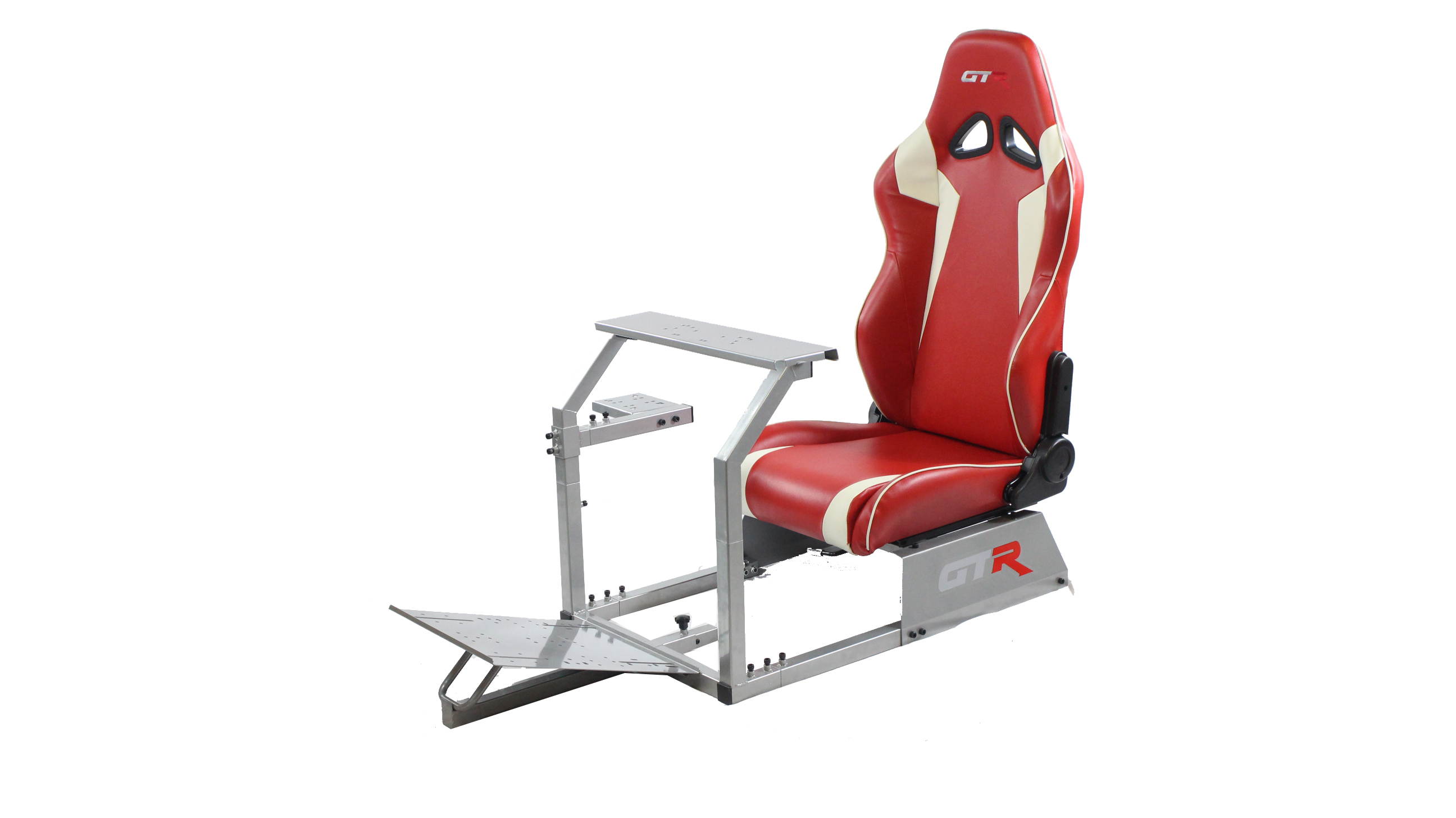 GTR Racing Simulator GTA-S-S105LRDWHT GTA Model Silver Frame with Red/White Real Racing Seat, Driving Simulator Cockpit Gaming Chair with Gear Shifter Mount