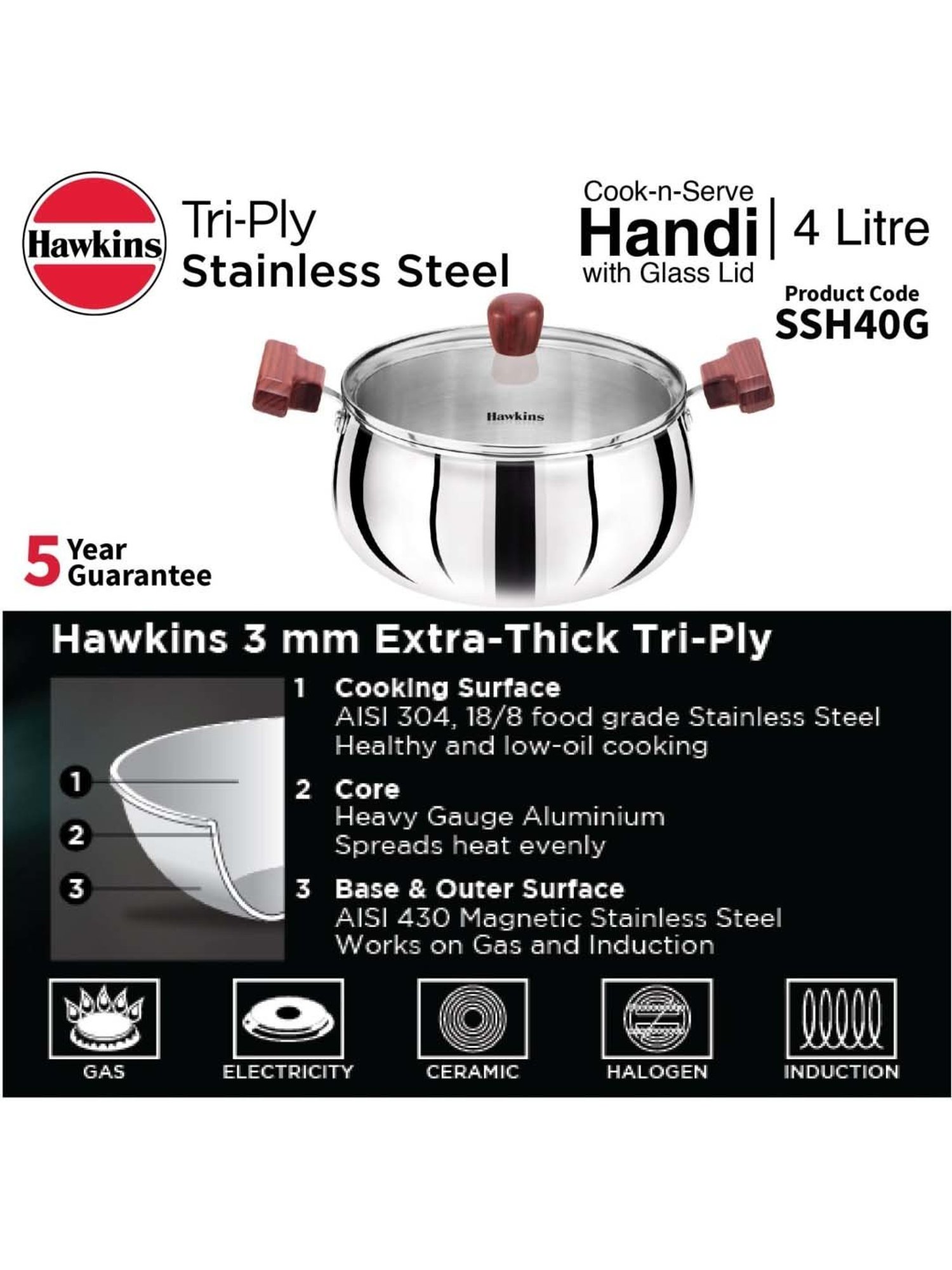 Hawkins Silver & Transparent Stainless Steel 19 cm Gas Compatible Handi With Lid (2 L) - Set of 1