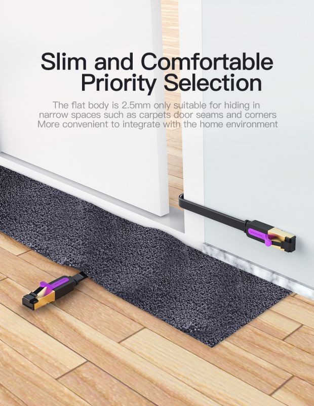 Cat7 Ethernet Cable, Vention Flat High Speed 10 Gigabit LAN Network Patch Cable with Clips, Faster Than Cat6 Cat5e, Shielded RJ45 Connectors for Xbox One, Switch, Router, Modem, Printer- Black/6ft