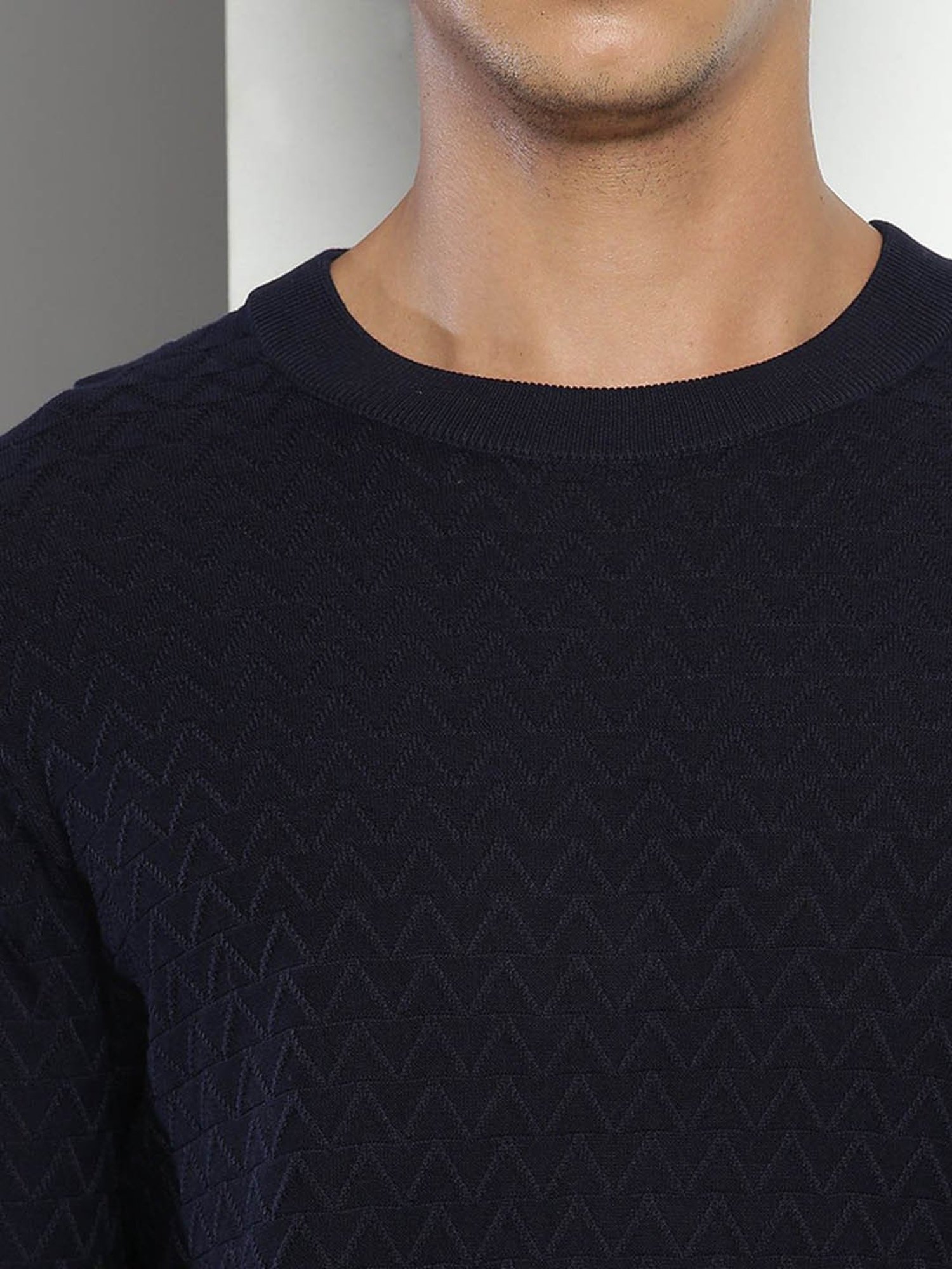 Tommy Hilfiger Navy Cotton Regular Fit Self Pattern Sweater