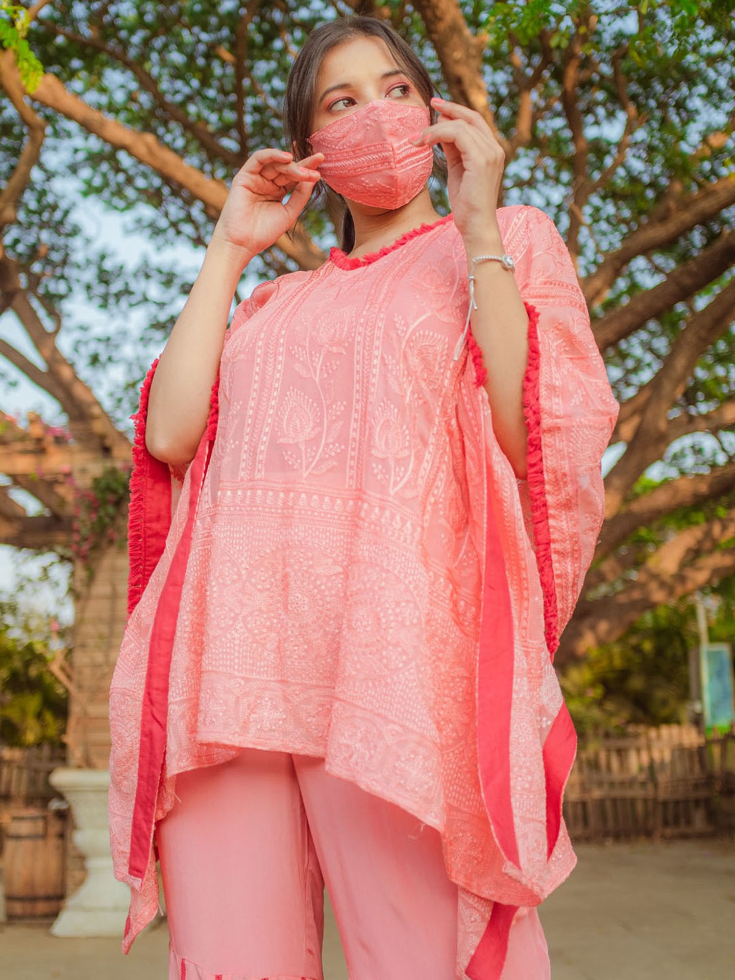 Monk and Mei Suraiya Chikankari Kaftan, Sharara & Belt - Peachy Melon