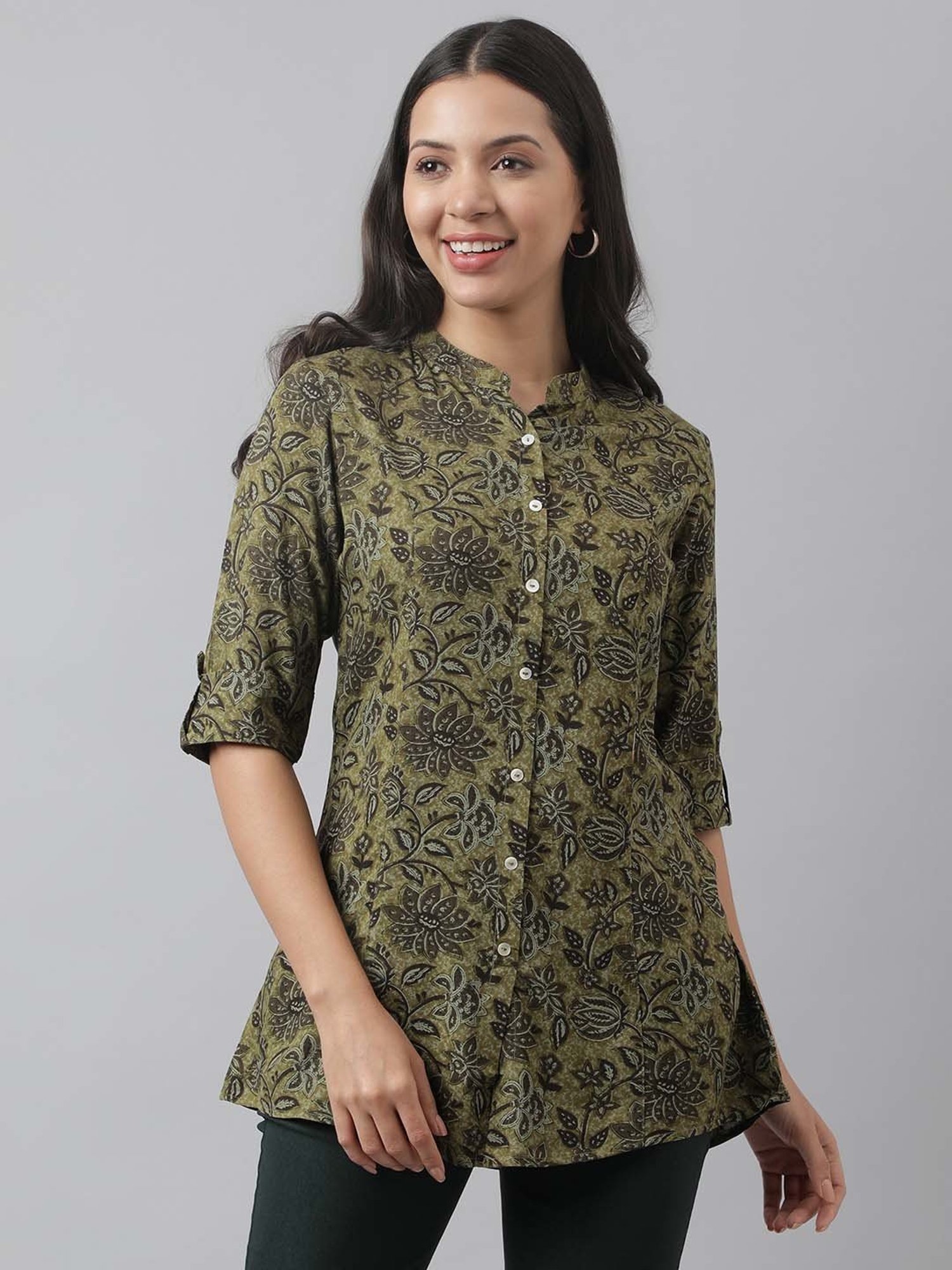 Divena Olive Green Cotton Floral Print Tunic