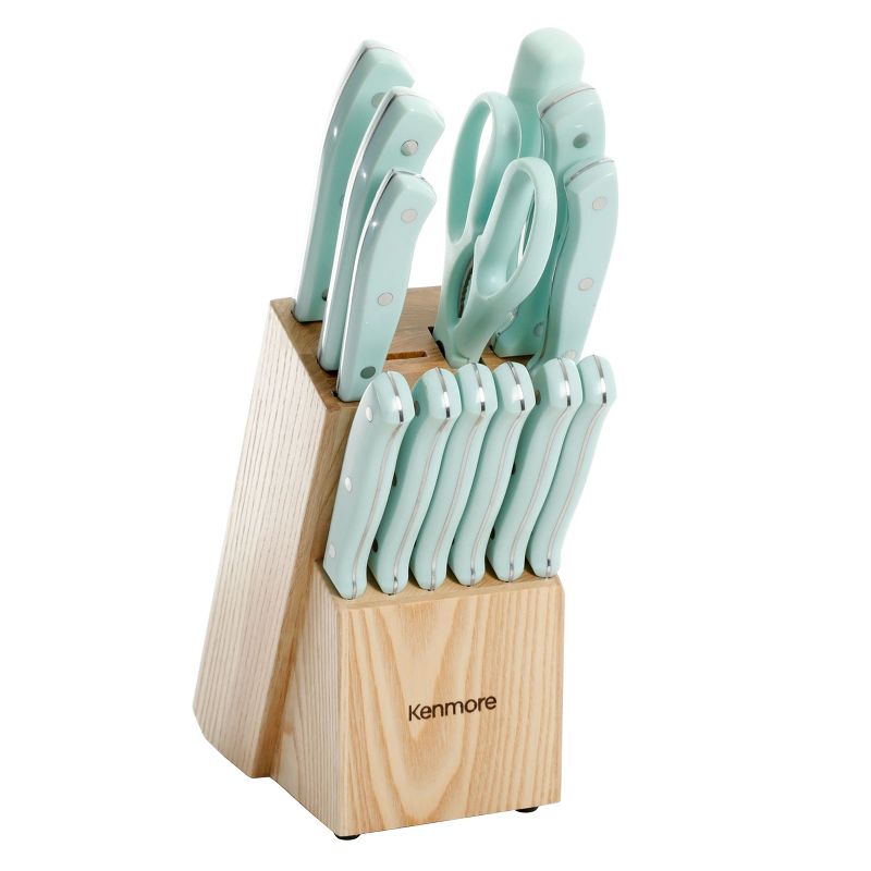 Kenmore Kane 14 Piece Stainless Steel Cutlery Set in Glacier Blue with Rubber Wood Block