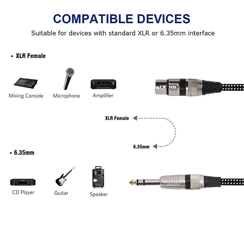 Female to 14 Inch TRS Cables 6 FT Nylong Braided 3 Pin Female to 635mm TRS Male Balanced Interconnect Wire Mic Cord for Dynamic Microphone Pure Copper Conductors