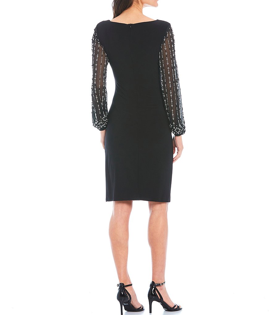 Marina Boat Neck Beaded Long Sleeve Side Drape Dress