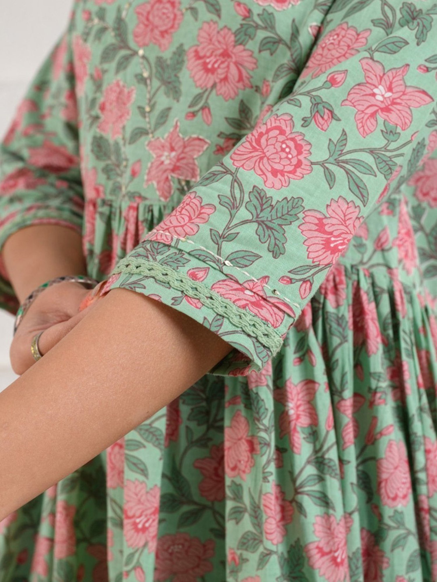 Prakriti Jaipur Green Bageecha Gathered Kurta