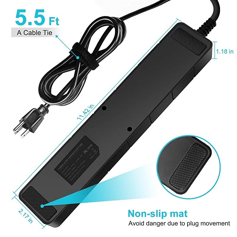 USB Power Strip, 4 USB Ports & 4 Outlets, Fast Charging, White 5.5 ft Cord, 1875W/15A Protector for Desktop, Home, Office & Nightstand Charging Station -