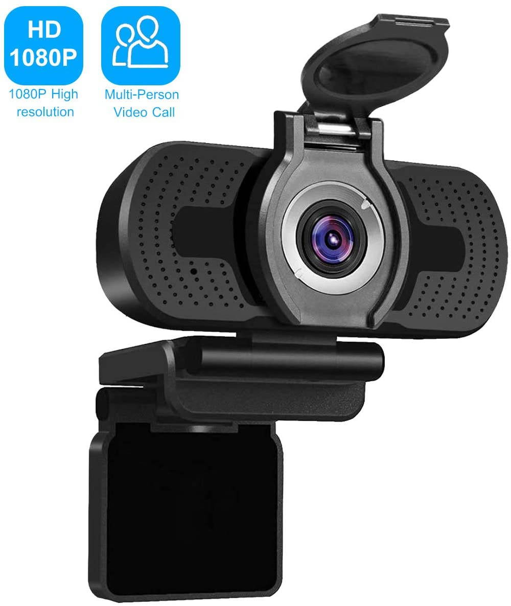 Webcam 1080P HD with Privacy Cover, Desktop or Laptop USB Camera 2MP for Video Calling, Conferencing, Streaming, Recording, Skype, Plug and Play, Built-in Mic, Flexible Adjustable Clip,Wide Angle