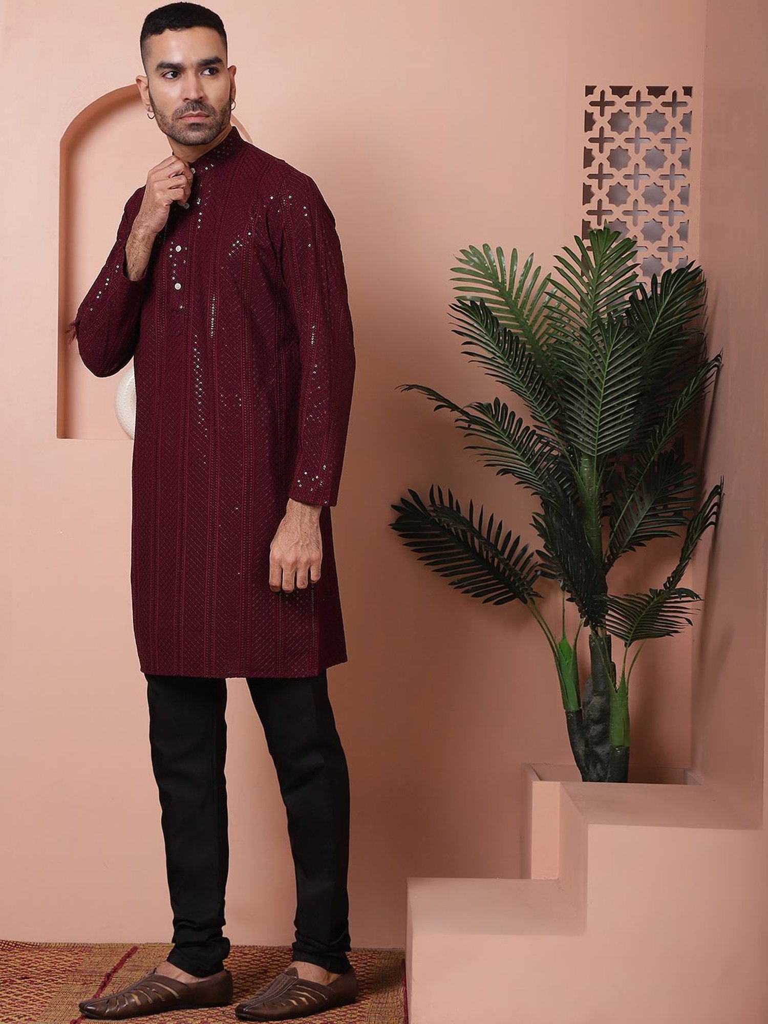 Jompers Purple Ragular Fit Embroidered Kurta Bottom Set