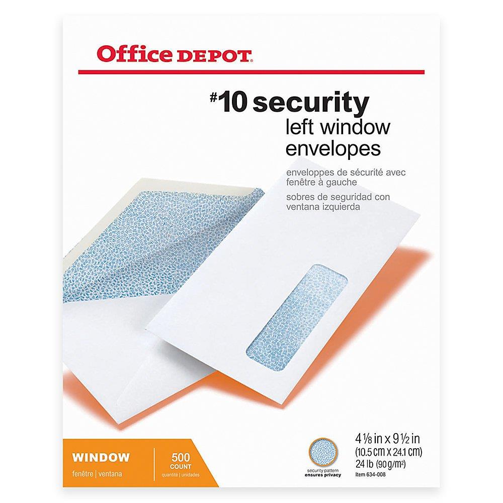 Office Depot Security Window Envelopes, 10 (4 1/8in. x 9 1/2in.), White, Box of 500, 12017