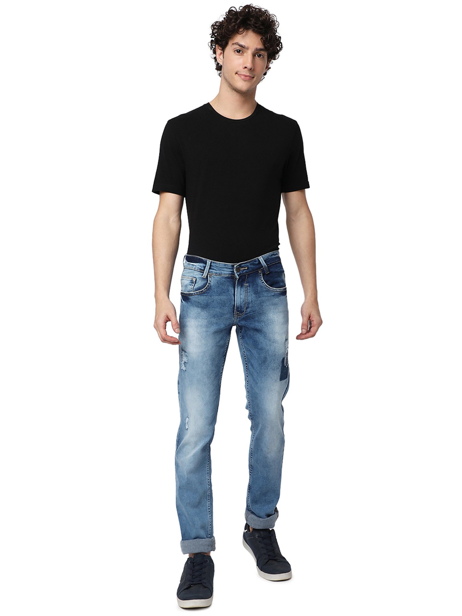 Mufti Light Blue Super Slim Fit Lightly Washed Distressed Jeans