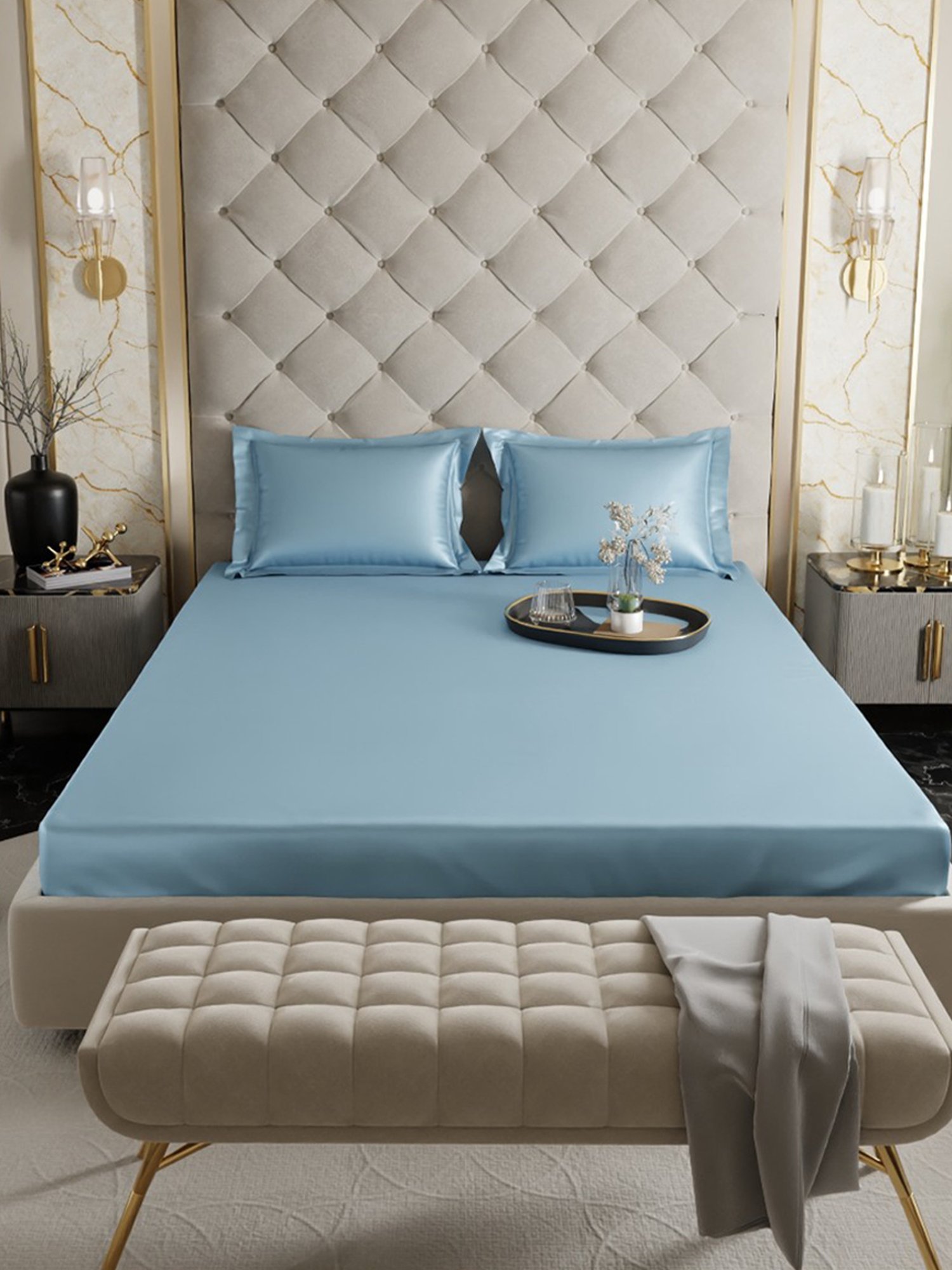 Stoa Paris Blue 300 TC Polyester Super King Fitted Sheet with 2 Pillow Covers