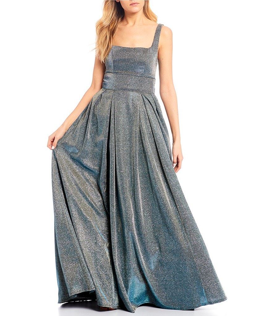 Sequin Hearts Sleeveless Square-Neck Iridescent Shine Ball Gown