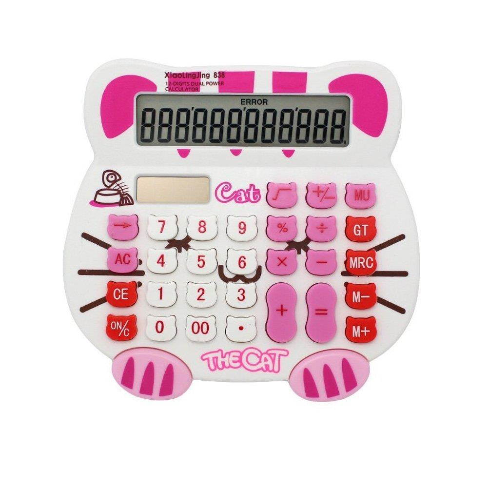 Loghot Adorable Creative 12 Digits Solar Dual Power Cartoon Cat Shape LCD Display Desktop Calculator with Big Screen White
