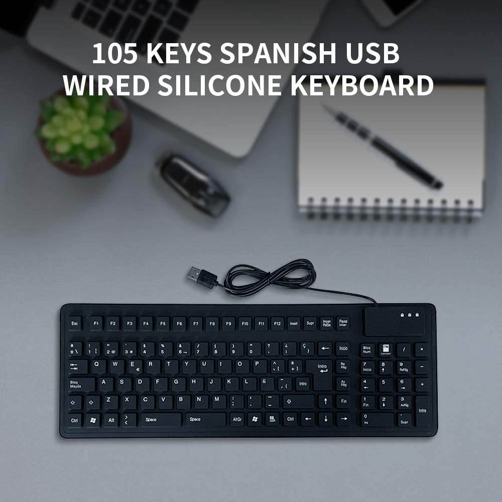 Docooler Keyboard 105 Keys Spanish USB Wired Silicone Foldable Soft Silicone Waterproof Dustproof Keyboard for Desktop Computer Laptop