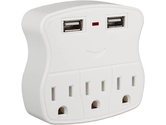 QVS PS-05UW 3-Outlet Wallmount Power Block with Dual-USB 2.1A Charging Ports