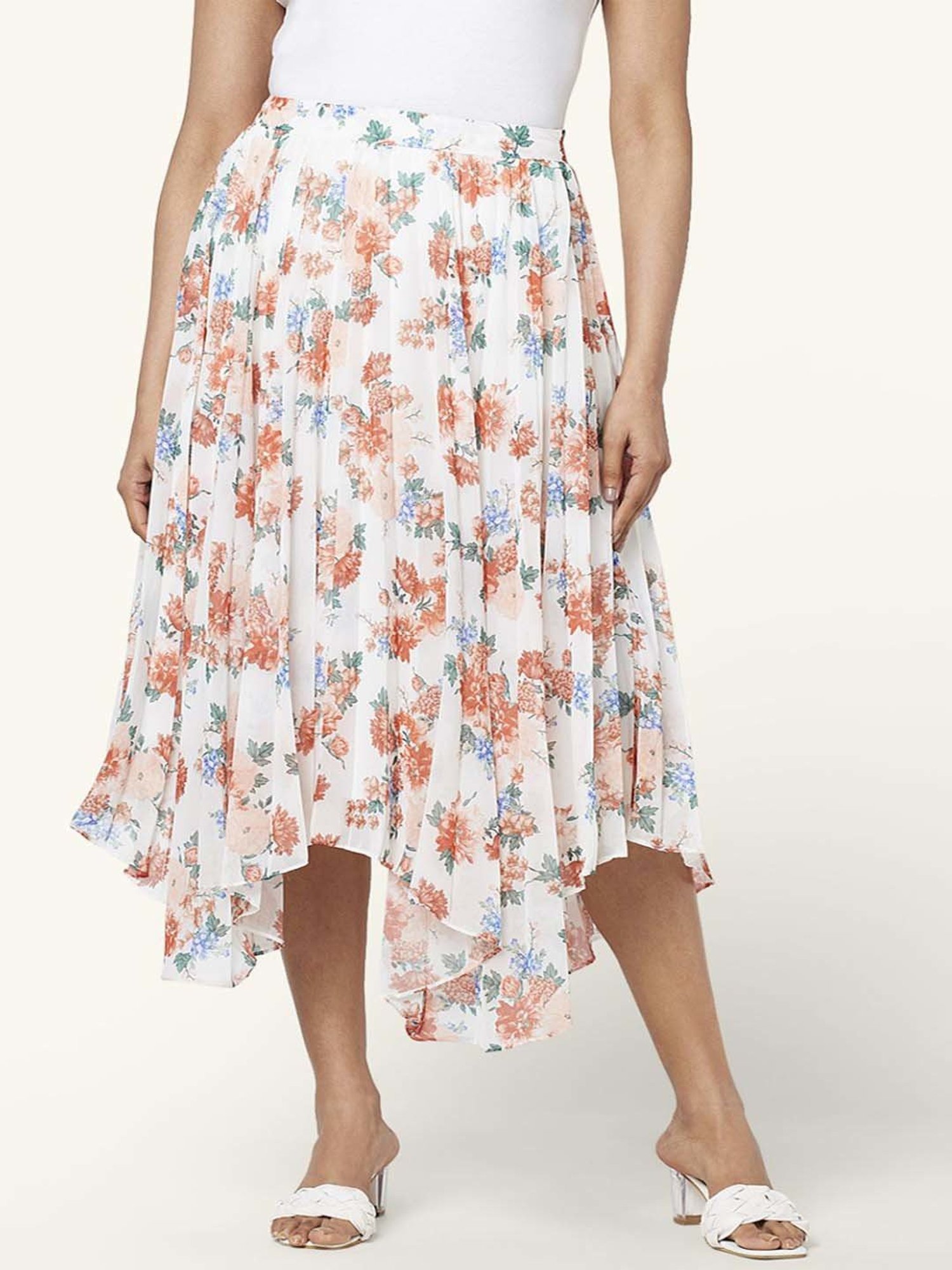 Honey by Pantaloons White & Peach Floral Print Assymetric Skirt