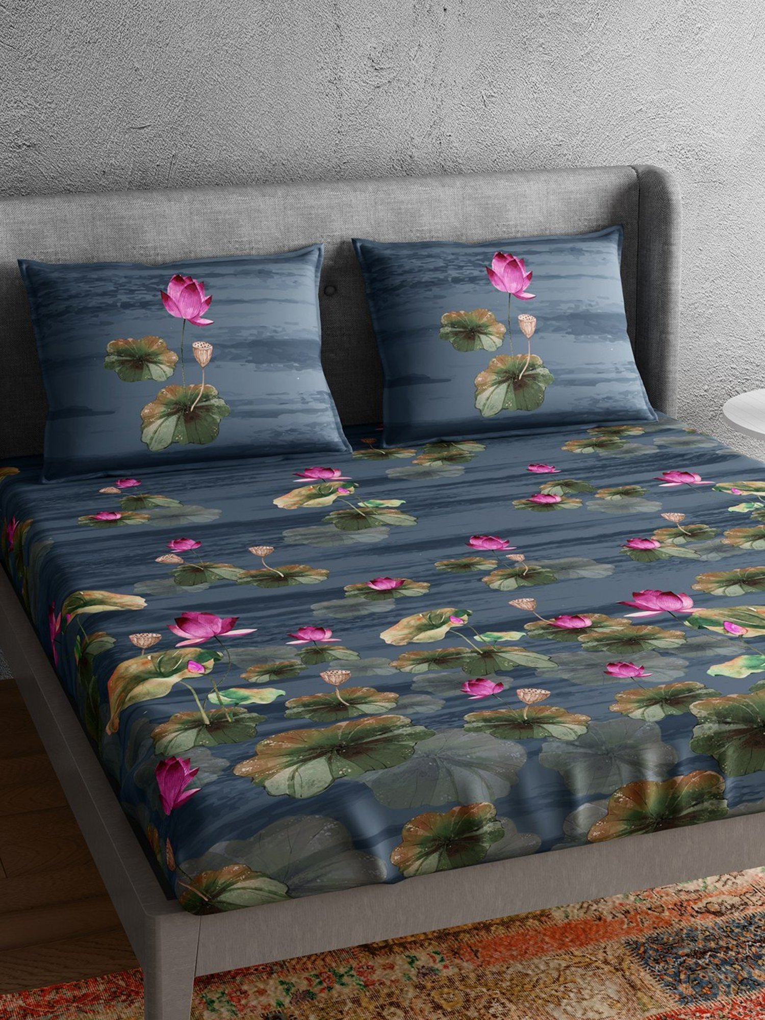 Petal Home Lotus Blue Cotton 144 TC Bedsheet