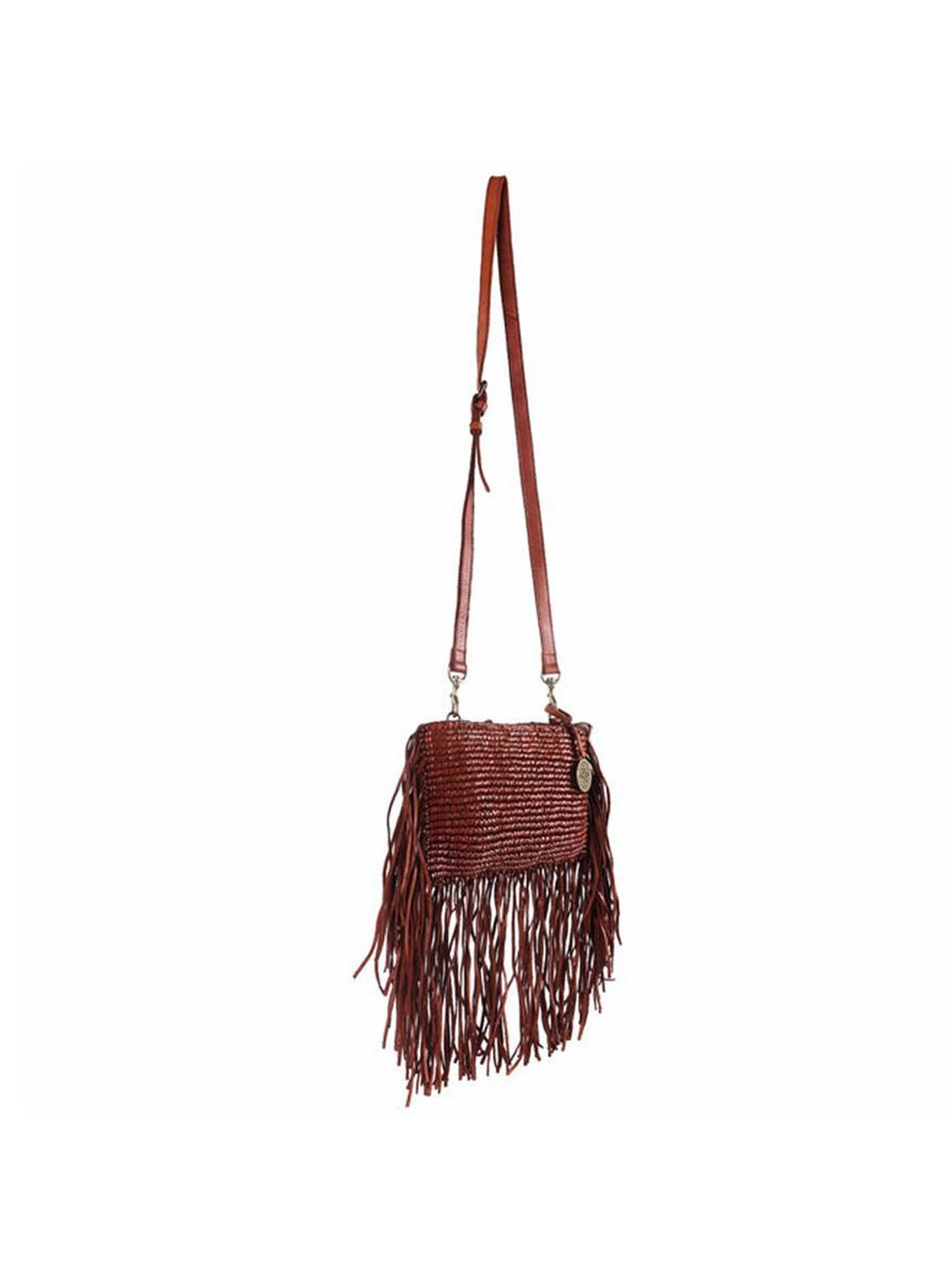 KOMPANERO Macrame Cognac Leather Textured Sling Handbag