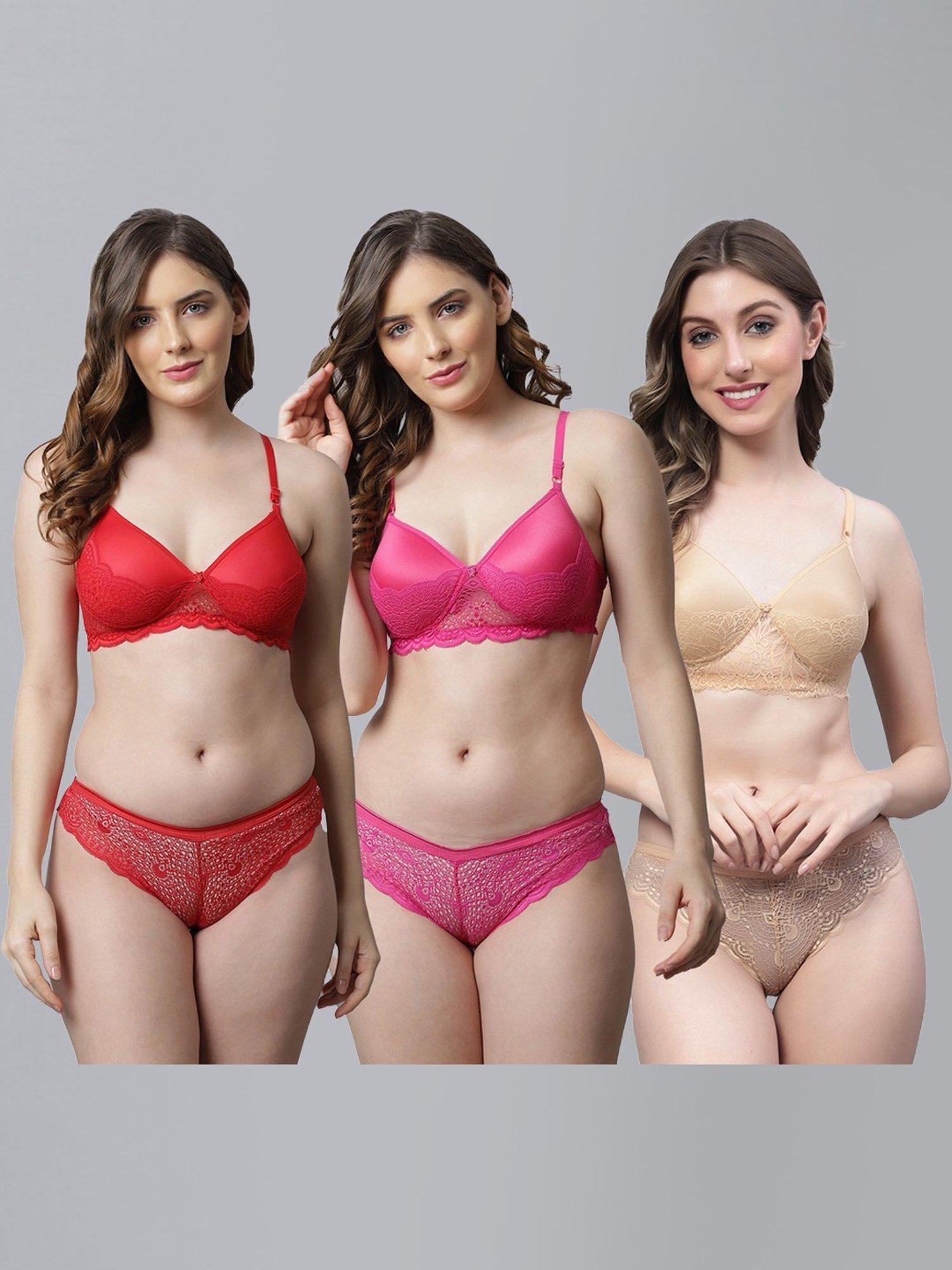 AROUSY Red & Pink Cotton Self Pattern Bra Panty Set - Pack Of 3