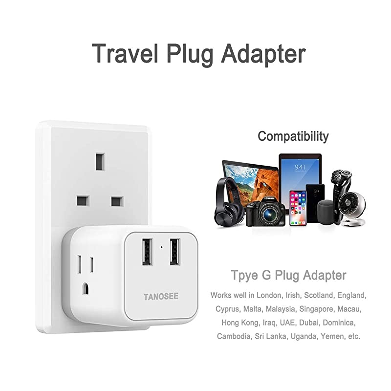 UK Ireland London Power Adapter,  UK Travel Plug Adapter with 2 USB Charger and 3 American Outlets, US to British Scotland England Hongkong Adaptor (Type G Plug)