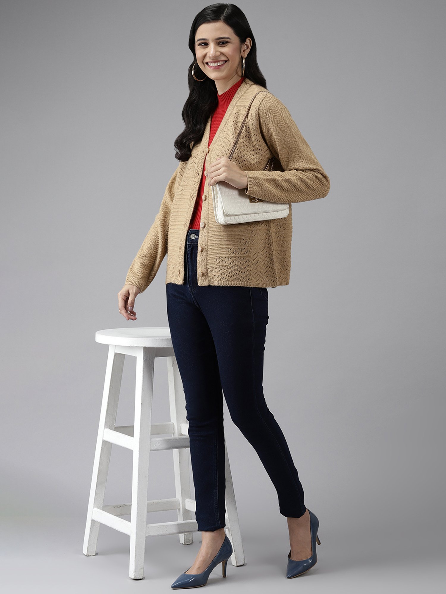 Cayman Beige Woolen Textured Cardigan