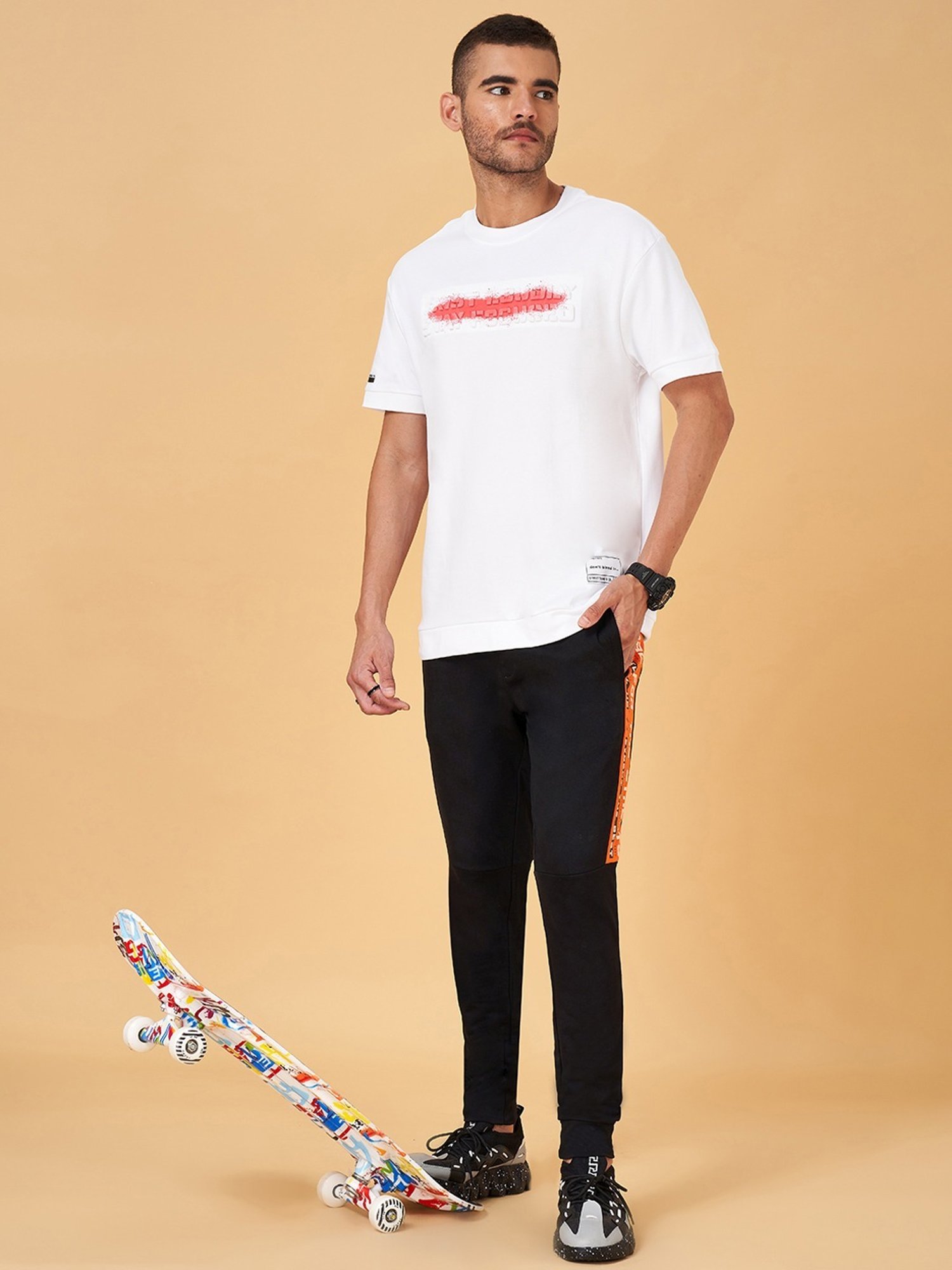 Street 808 by Pantaloons White & Red Cotton Boxy Fit Printed T-Shirt