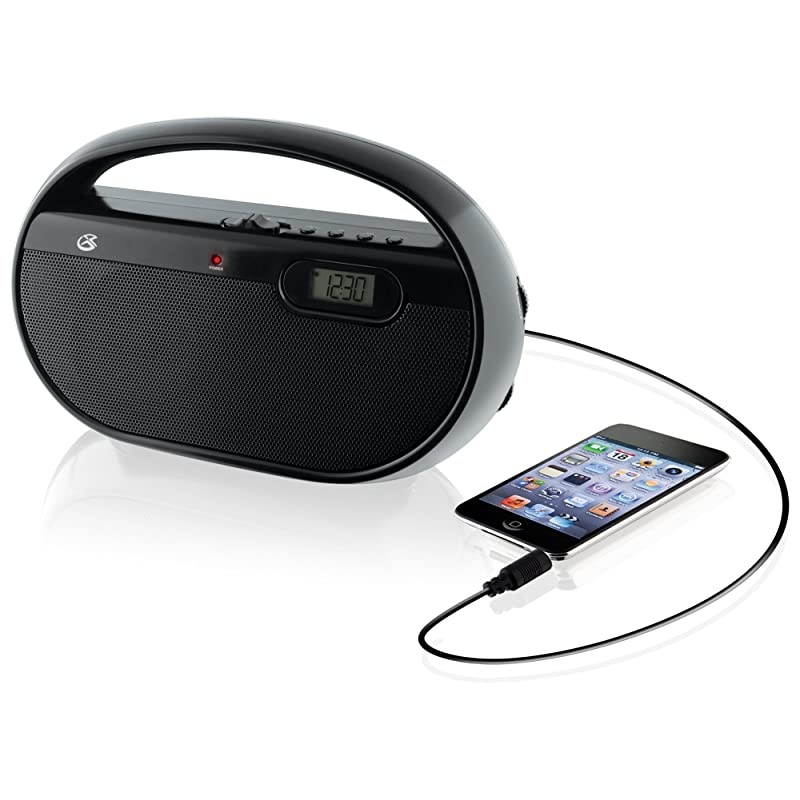 Inc. Portable Top-Loading CD Boombox with AM/FM Radio and 3.5mm Line in for MP3 Device - Red/Black Bundle with , Inc. R602B Portable AM/FM Radio with Digital Clock and Line Input (Black)