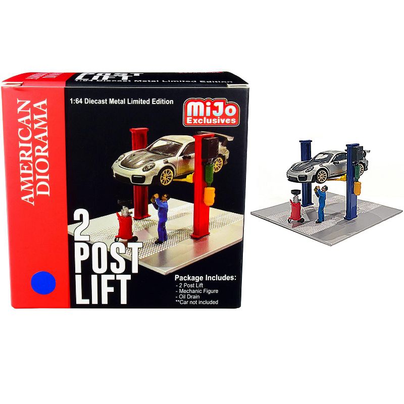 Two Post Lift (Blue) with Mechanic Figurine and Oil Drainer Diorama Set for 1/64 Scale Models by American Diorama