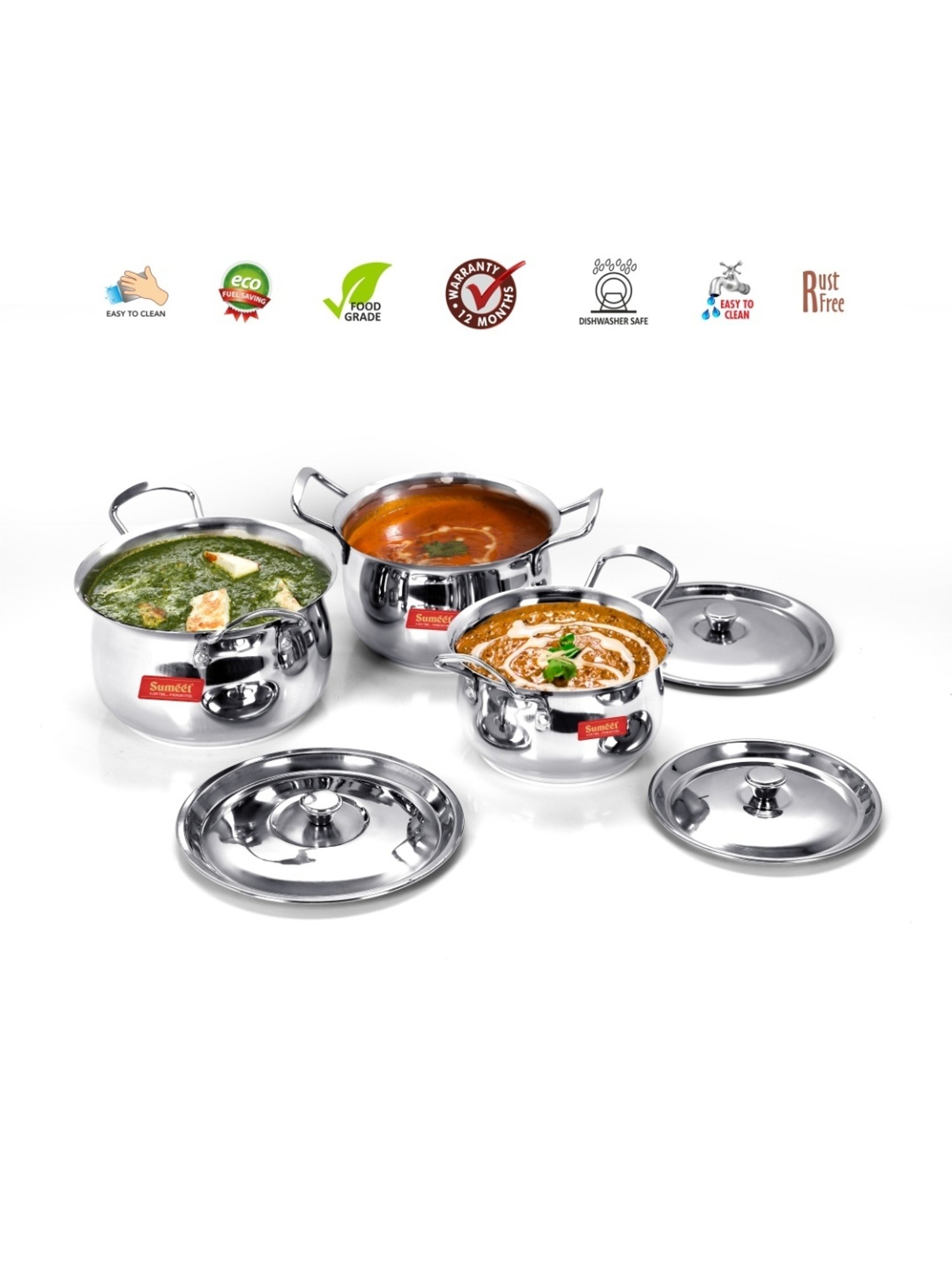 Sumeet S.S.Induction&Gas Stove Friendly Cook&Serve Handi with Lid-Set of 3Pc (1.1L, 1.6L, 2.1L)