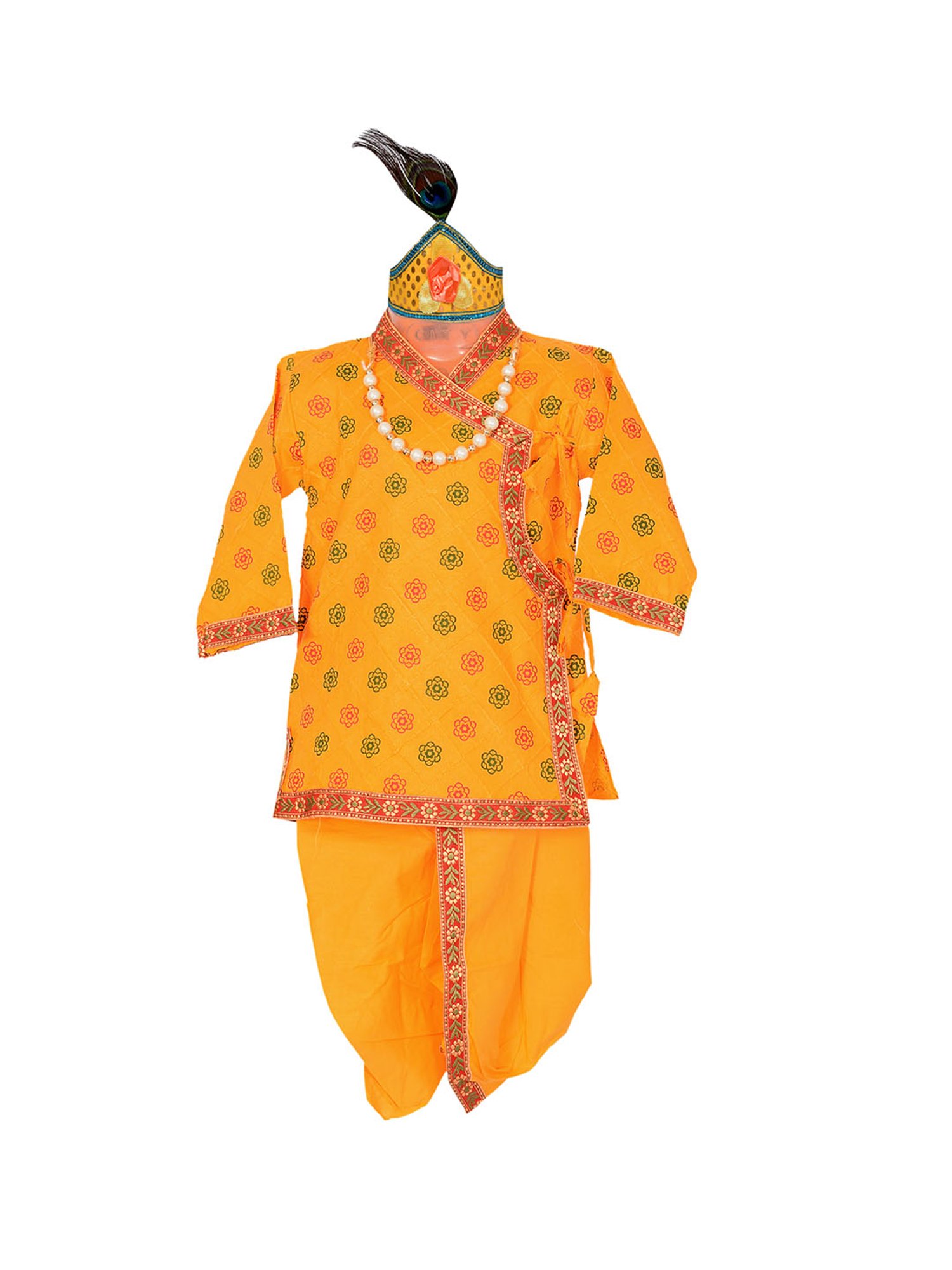 Ahhaaaa Kids Yellow Embroidered Kurta, Dhoti, Pagri with Flute
