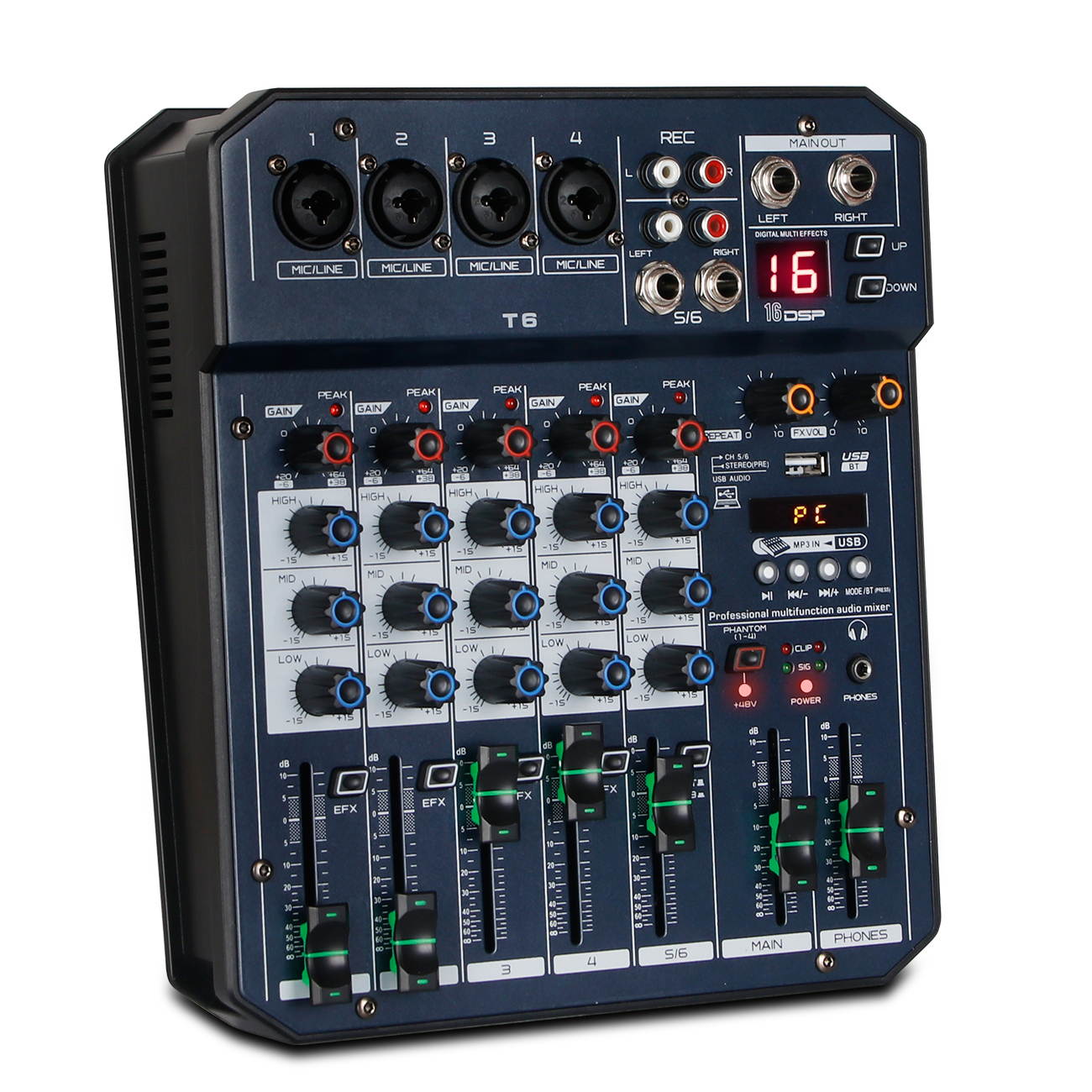 Depusheng T6 Audio Mixer 6-CHANNEL DJ Sound Controller Interface with USB for PC Recording, XLR Microphone Jack PLUS HEADPHONE JACK, 5V USB Power CONNECT,FX 16Bit DSP Processor