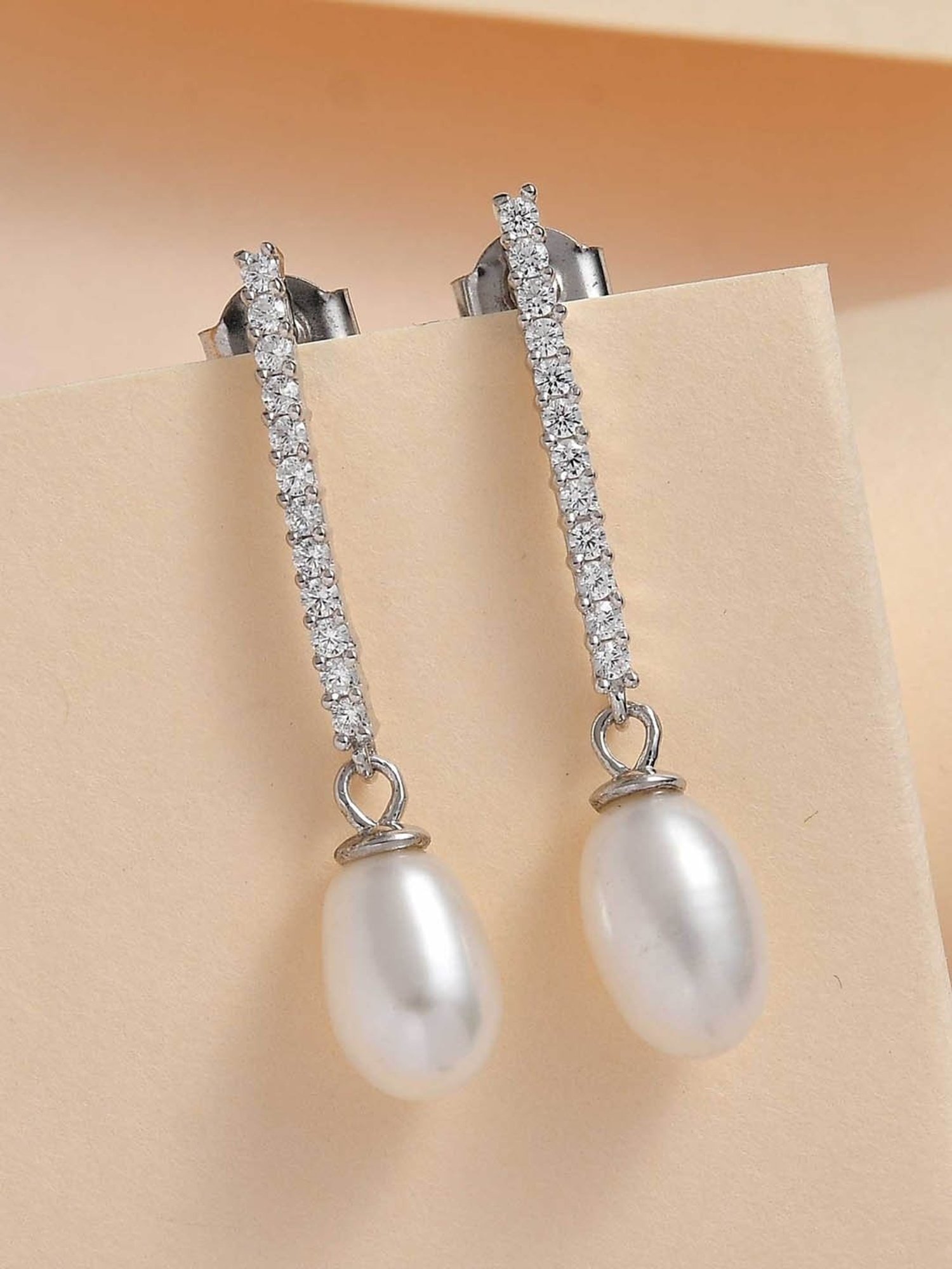 925 Silver Freshwater Pearl and American Diamond Drop Dangler Earrings for Women & Girls