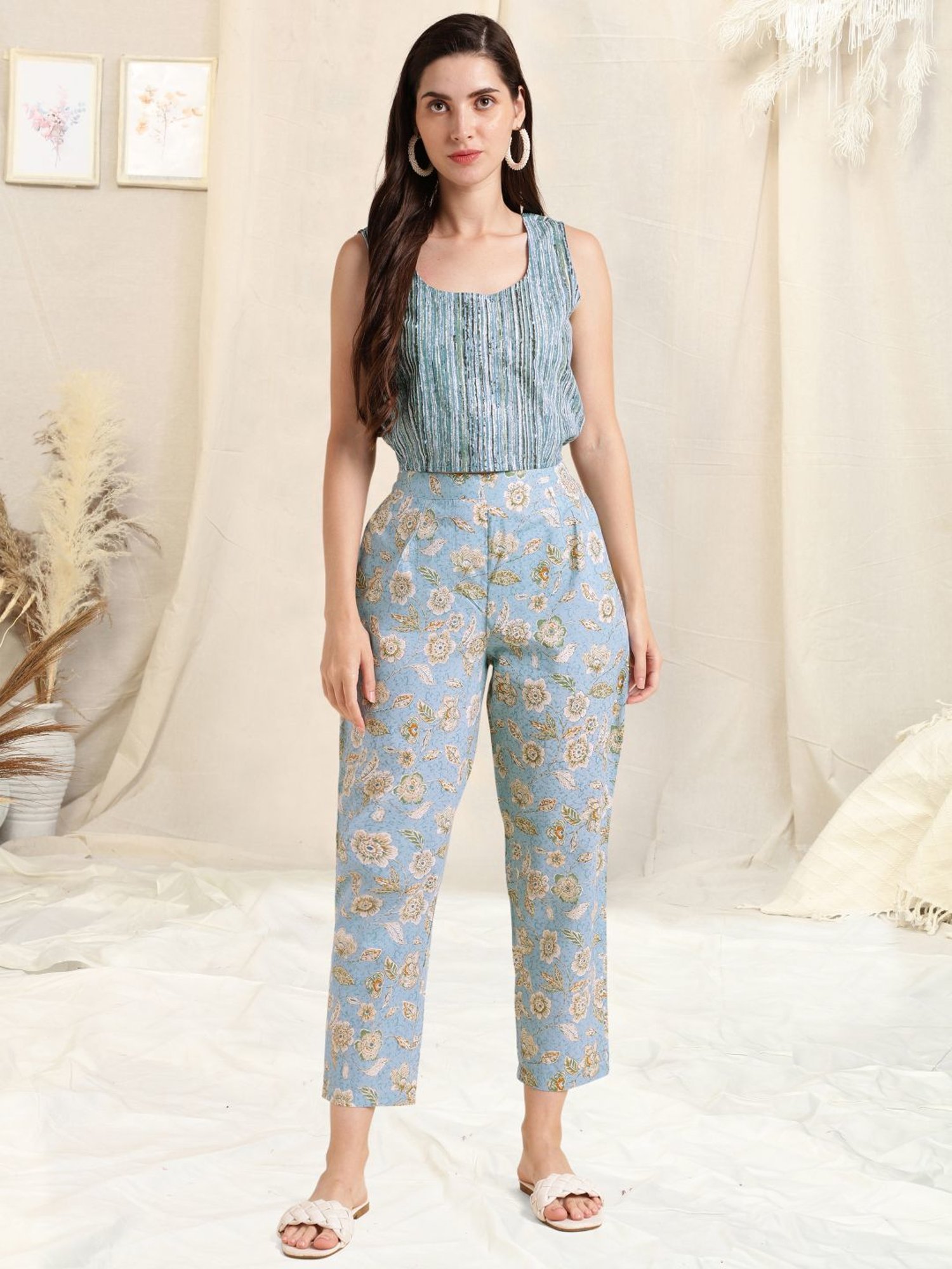 MIRCHI FASHION Sky Blue Cotton Printed Top Pant Set With Jacket