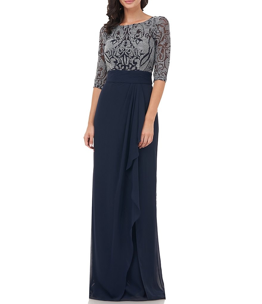 JS Collections Boat Neck Short Sleeve Embroidered Long Gown